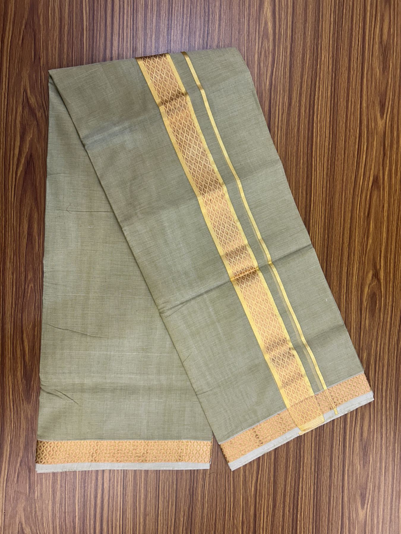 25% Discount! KaithariKada Handloom Unakkupaav Balaramapuram - 100% Cotton Double Mundu/Dhoti - Light Sage Green Colour Body - 1.5 inch Copper Gold Kasavu Jacquard Design Kara - 39 KK5318 ABH