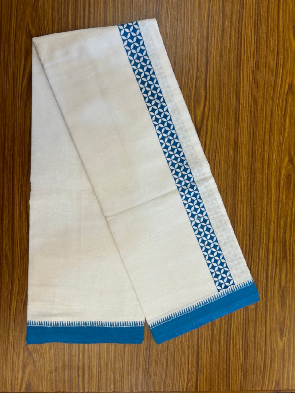Kaitharikada - Polyster + Cotton - 20s twisted - Pure white Single Kaily / Lungi - 1.5 inch Deep Sky Blue Printed Kuppadam Border with White colour body (2 meter / 4 muzham) -  9 KK8035 GAN