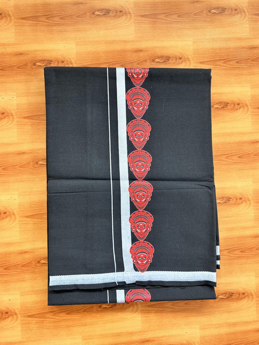 Single Kaily / Lungi- 20% Discount !! Kaitharikada - Pure Cotton - (40s) - 0.5 inch Light Grey Theyyam Printed Design Kara with Black colour Body (2 meter / 4 muzham) - 7 KK8062 GAN