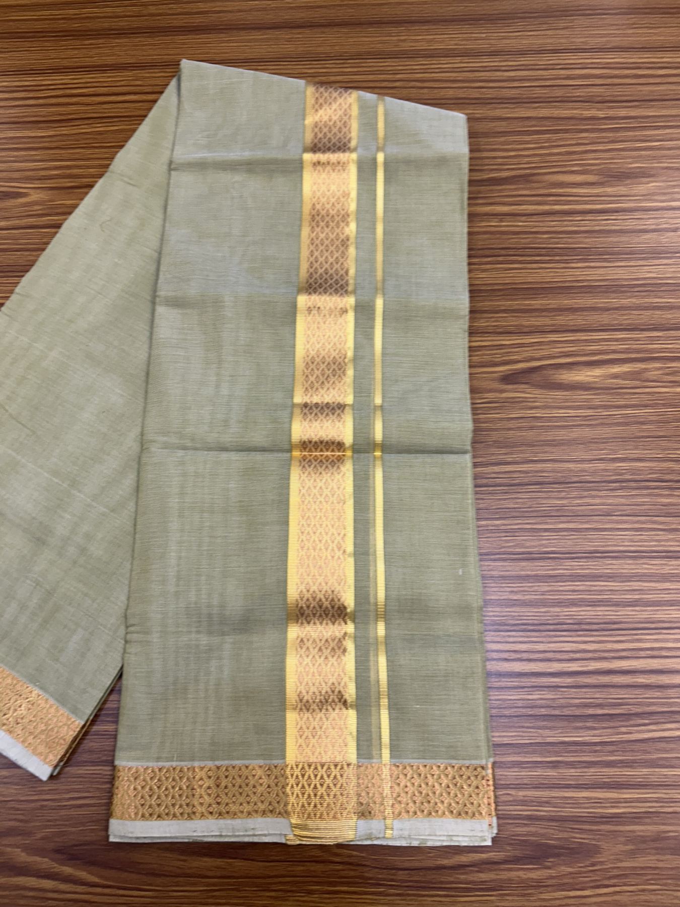 25% Discount! KaithariKada Handloom Unakkupaav Balaramapuram - 100% Cotton Double Mundu/Dhoti - Light Sage Green Colour Body - 1.5 inch Copper Gold Kasavu Jacquard Design Kara - 39 KK5318 ABH