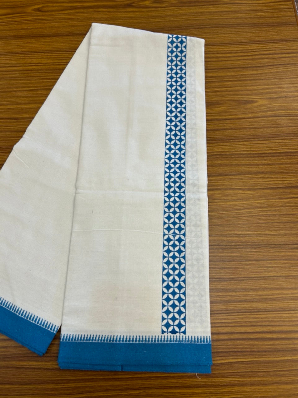 Kaitharikada - Polyster + Cotton - 20s twisted - Pure white Single Kaily / Lungi - 1.5 inch Deep Sky Blue Printed Kuppadam Border with White colour body (2 meter / 4 muzham) -  9 KK8035 GAN