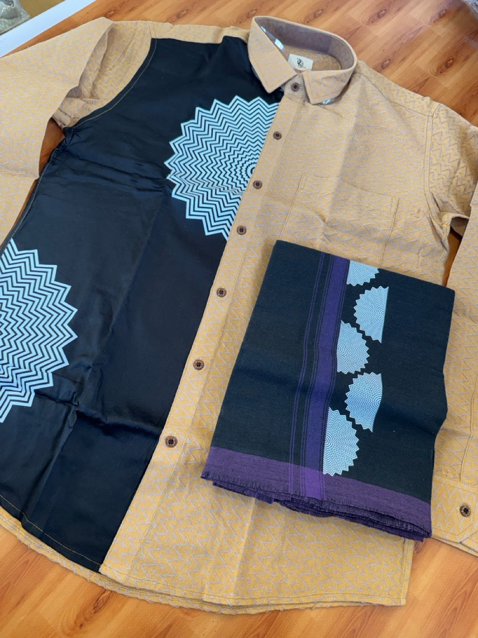 Combo Shirt Single Lungi - SIZE : L / 40 Full Sleeve - Mixed cotton - Black & Brown Violet Pattern Shirt with 3 inch Violet Kara &  Printed Lungi - 12 KK7053 KUT