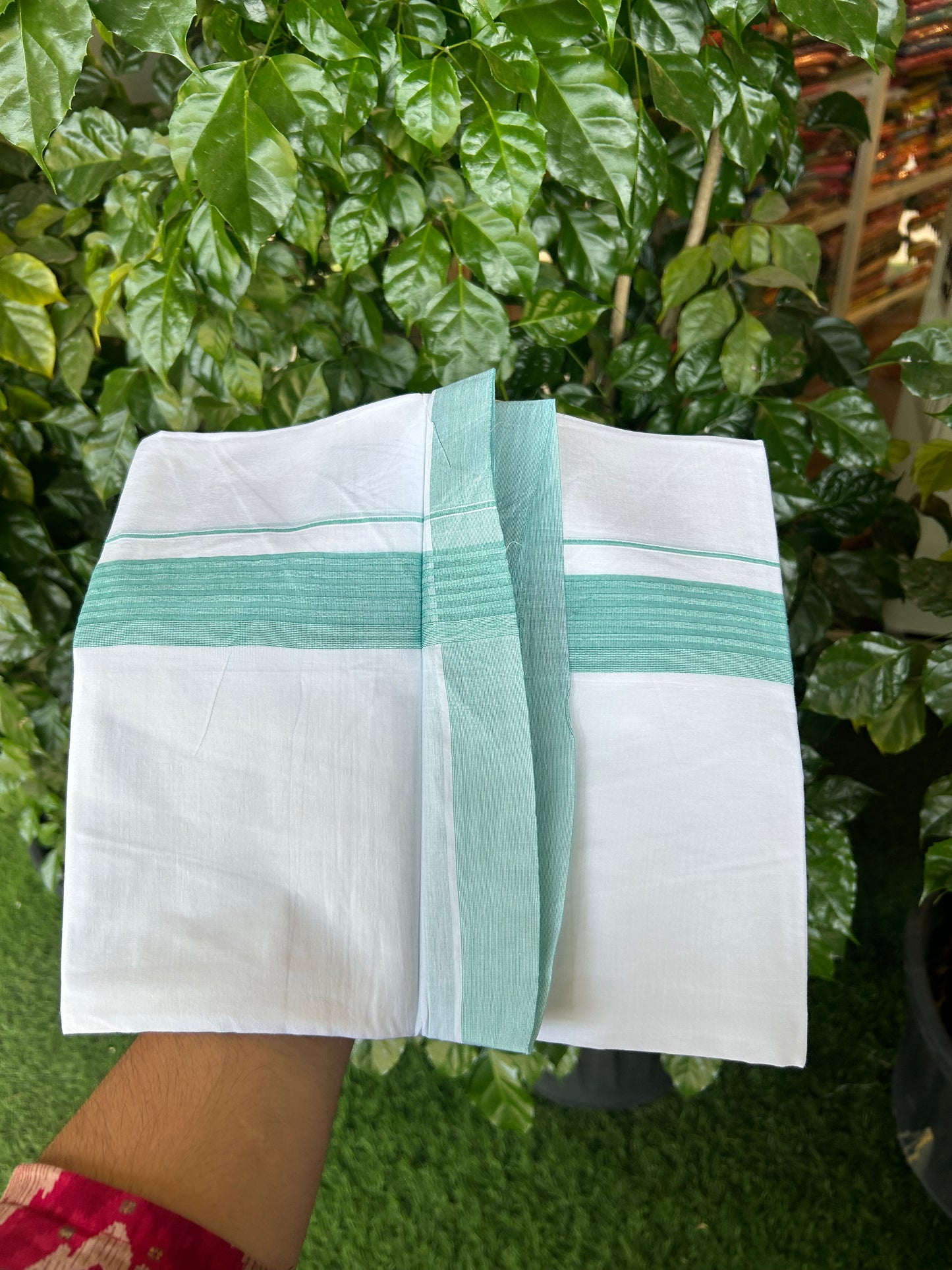 20% Discount ! Kaitharikada Balaramapuram 100% Cotton Pure White Double Mundu/Dothi - 100x100 - 1.5 inch Turquoise Green Striped Kara - 41 KK5371 GAN