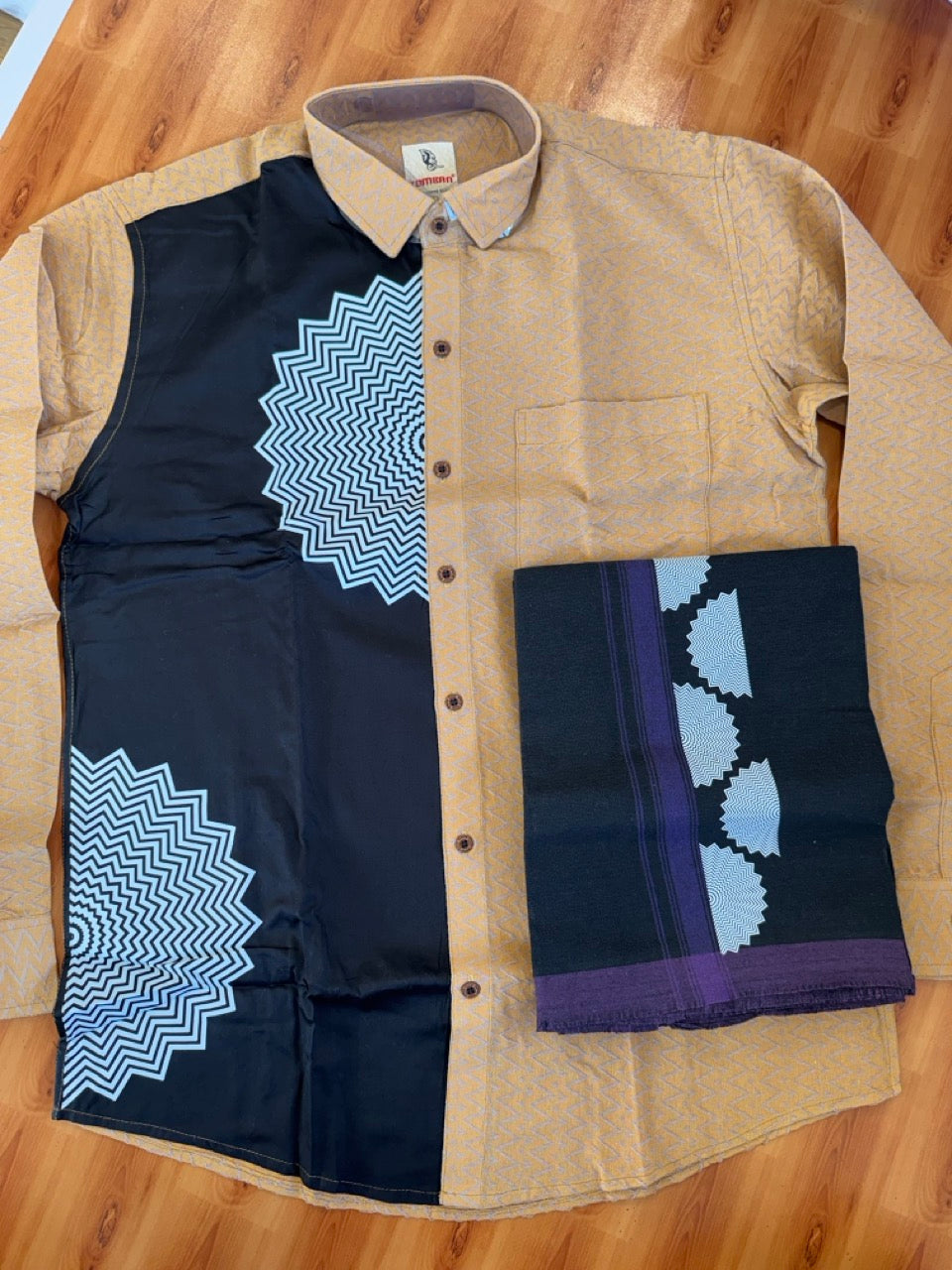 Combo Shirt Single Lungi - SIZE : L / 40 Full Sleeve - Mixed cotton - Black & Brown Violet Pattern Shirt with 3 inch Violet Kara &  Printed Lungi - 12 KK7053 KUT