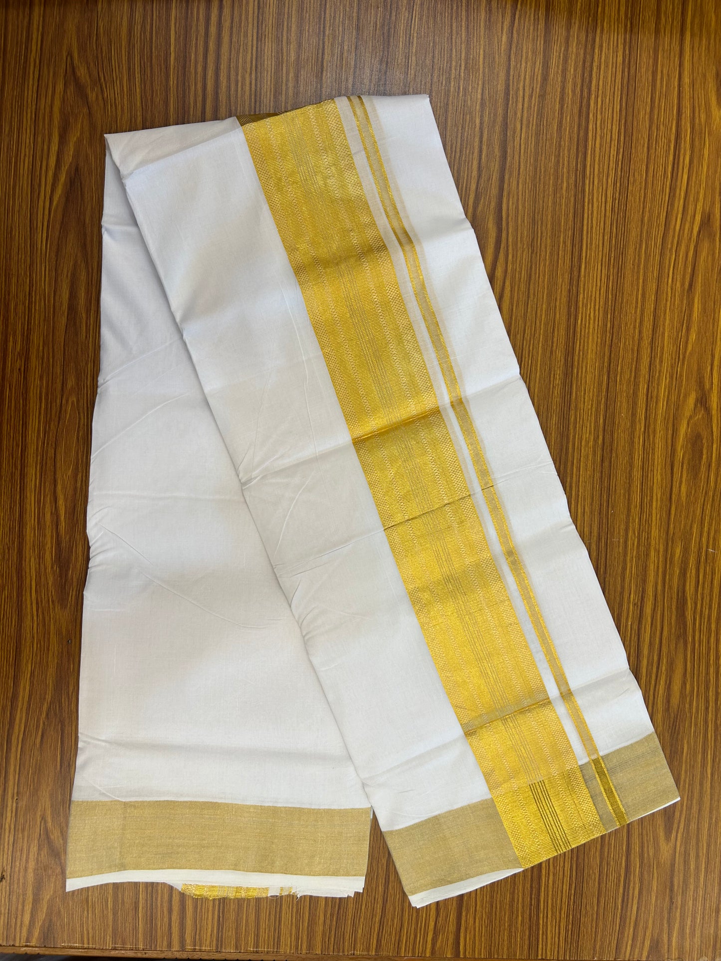 25% Discount ! KaithariKada Handloom Unakkupaav Kerala Handloom - 100% Pure Cotton Pure White Double Mundu/Dhoti - 3 inch Gold Kasav Striped Design Kara - 14 KK5352 ABH