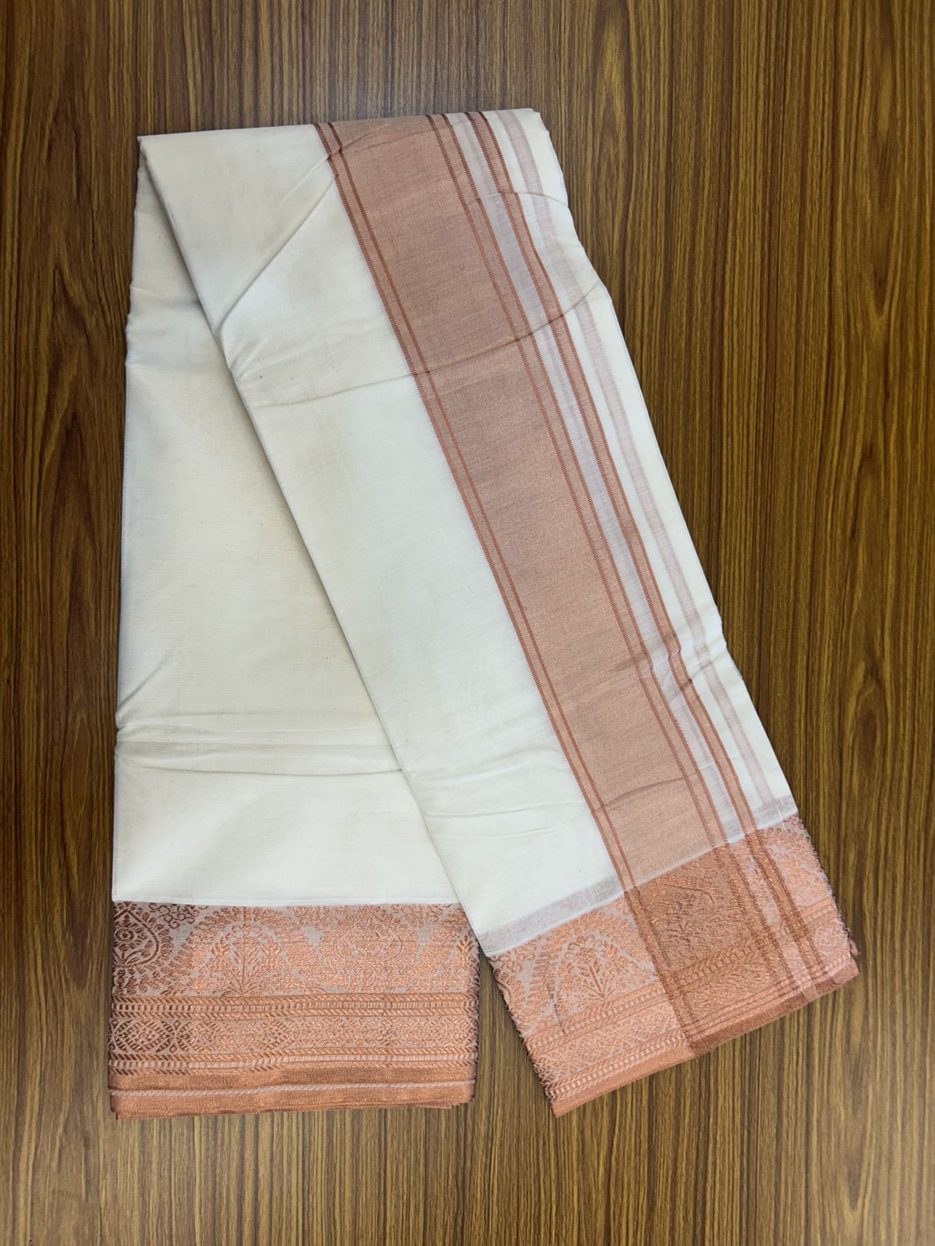 Panchakacham Dhoti - 20% Discount! Kaitharikada Balaramapuram Cotton Mix - Off White - (Unbleached) 80X90 thread - North Iindian- Attached Gamcha - 9x5 Dhoti - 4 inch Copper kasav shaded kara - 39 KK5318 PMC