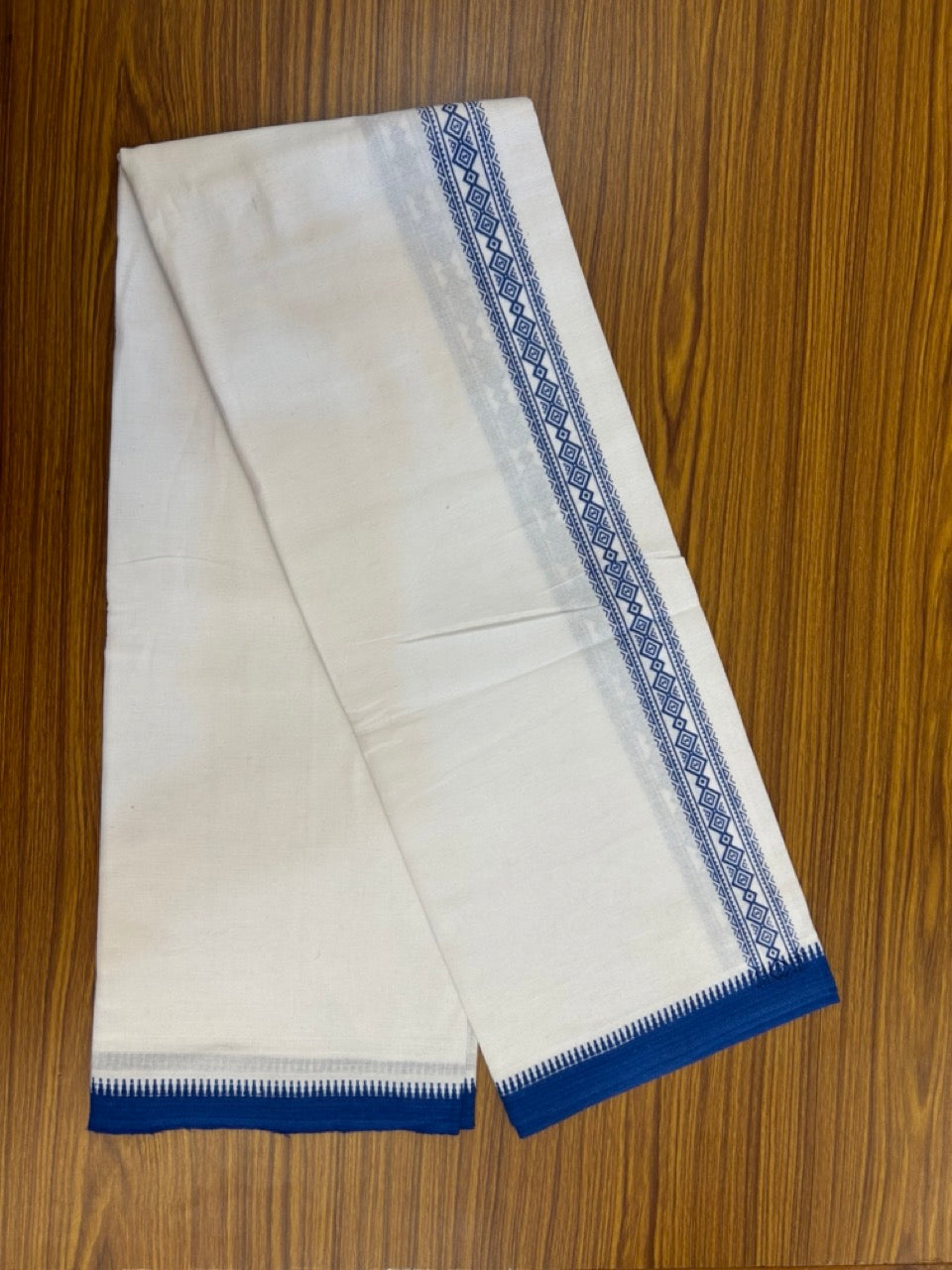 Kaitharikada - Polyster + Cotton - 20s twisted - Pure white Single Kaily / Lungi - 1.5 inch Blue Printed Kuppadam Border with White colour body (2 meter / 4 muzham) - 4 KK8035 GAN