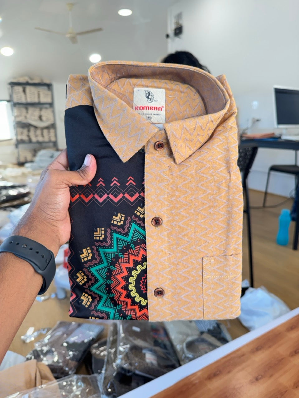 Combo Shirt Single Lungi - SIZE : L / 40 Full Sleeve - Mixed cotton - Black & Brown Violet Pattern Shirt with 3 inch White Kara &  Printed Lungi - 13 KK7053 KUT