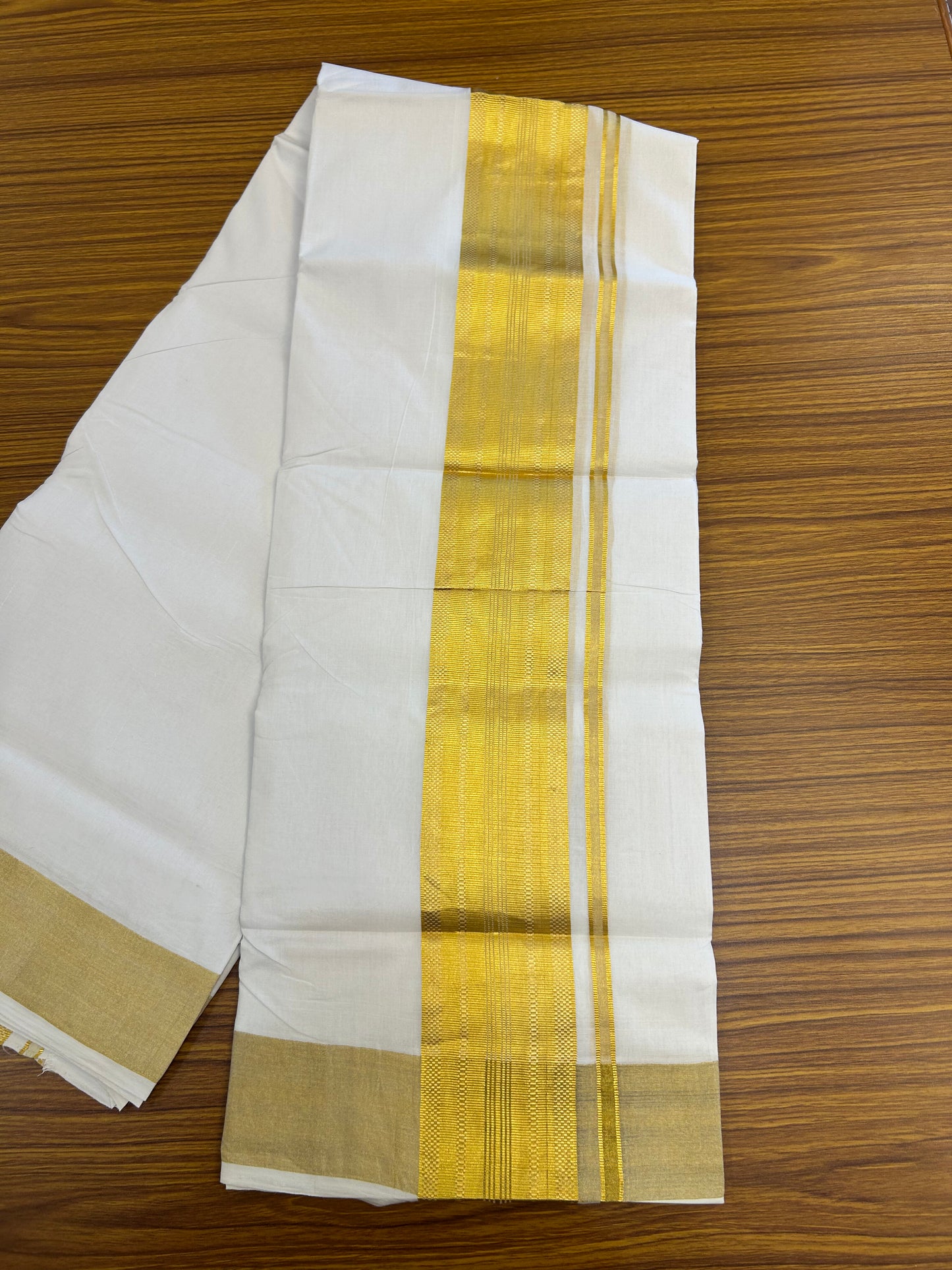 25% Discount ! KaithariKada Handloom Unakkupaav Kerala Handloom - 100% Pure Cotton Pure White Double Mundu/Dhoti - 3 inch Gold Kasav Striped Design Kara - 14 KK5352 ABH