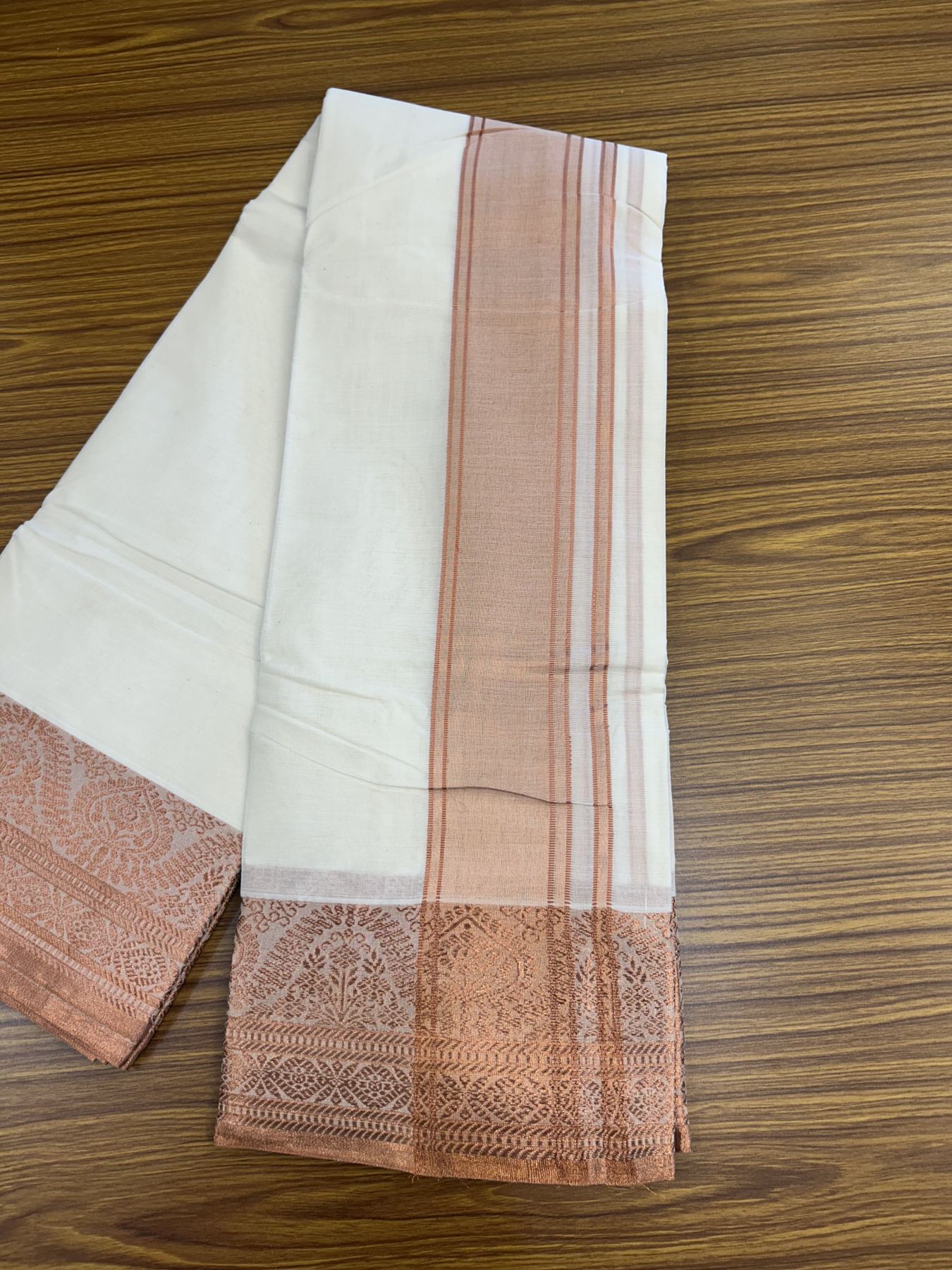 Panchakacham Dhoti - 20% Discount! Kaitharikada Balaramapuram Cotton Mix - Off White - (Unbleached) 80X90 thread - North Iindian- Attached Gamcha - 9x5 Dhoti - 4 inch Copper kasav shaded kara - 39 KK5318 PMC