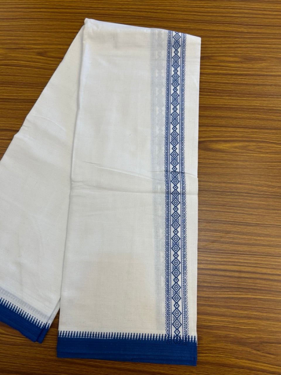 Kaitharikada - Polyster + Cotton - 20s twisted - Pure white Single Kaily / Lungi - 1.5 inch Blue Printed Kuppadam Border with White colour body (2 meter / 4 muzham) - 4 KK8035 GAN