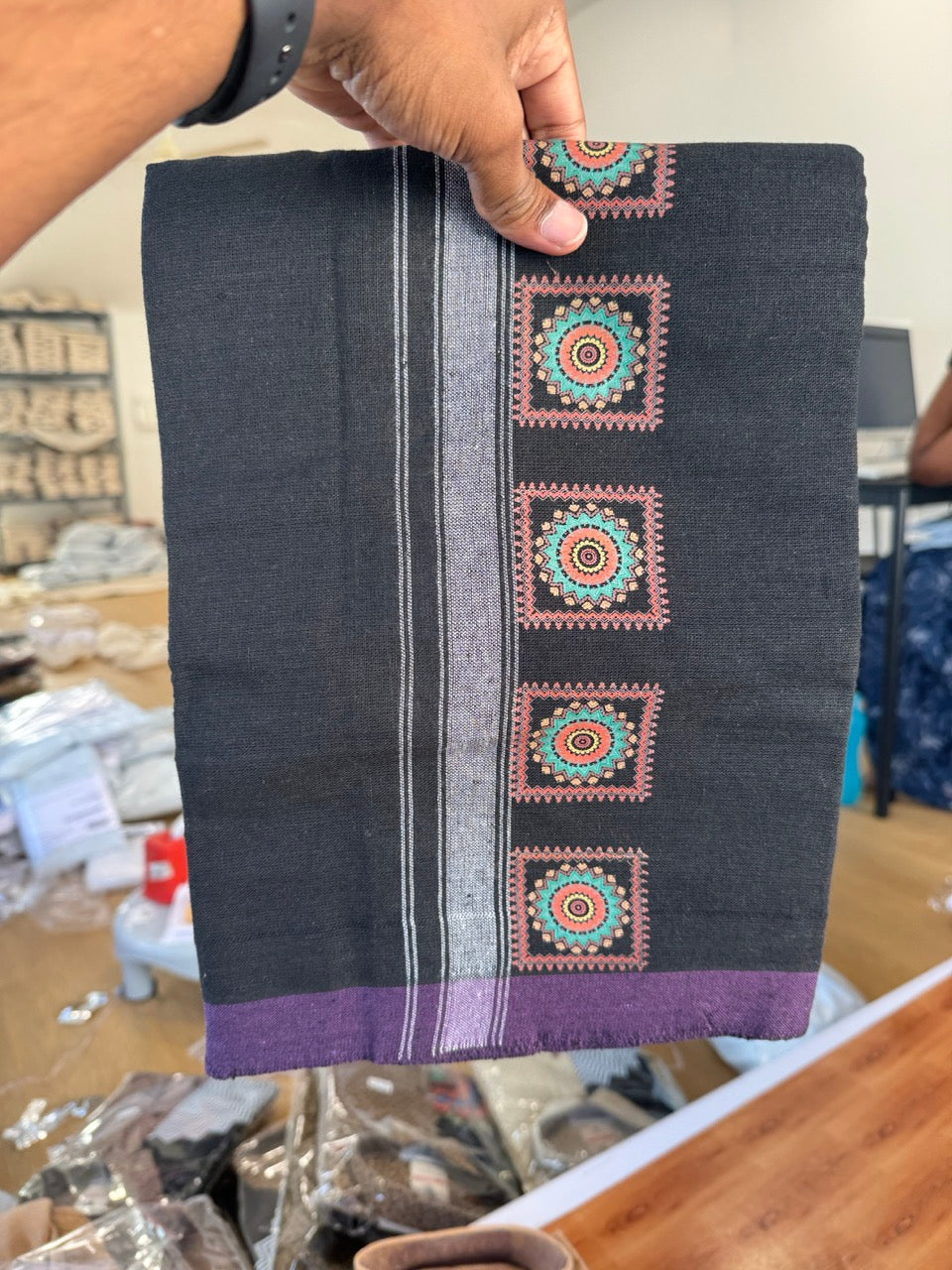 Combo Shirt Single Lungi - SIZE : L / 40 Full Sleeve - Mixed cotton - Black & Brown Violet Pattern Shirt with 3 inch White Kara &  Printed Lungi - 13 KK7053 KUT