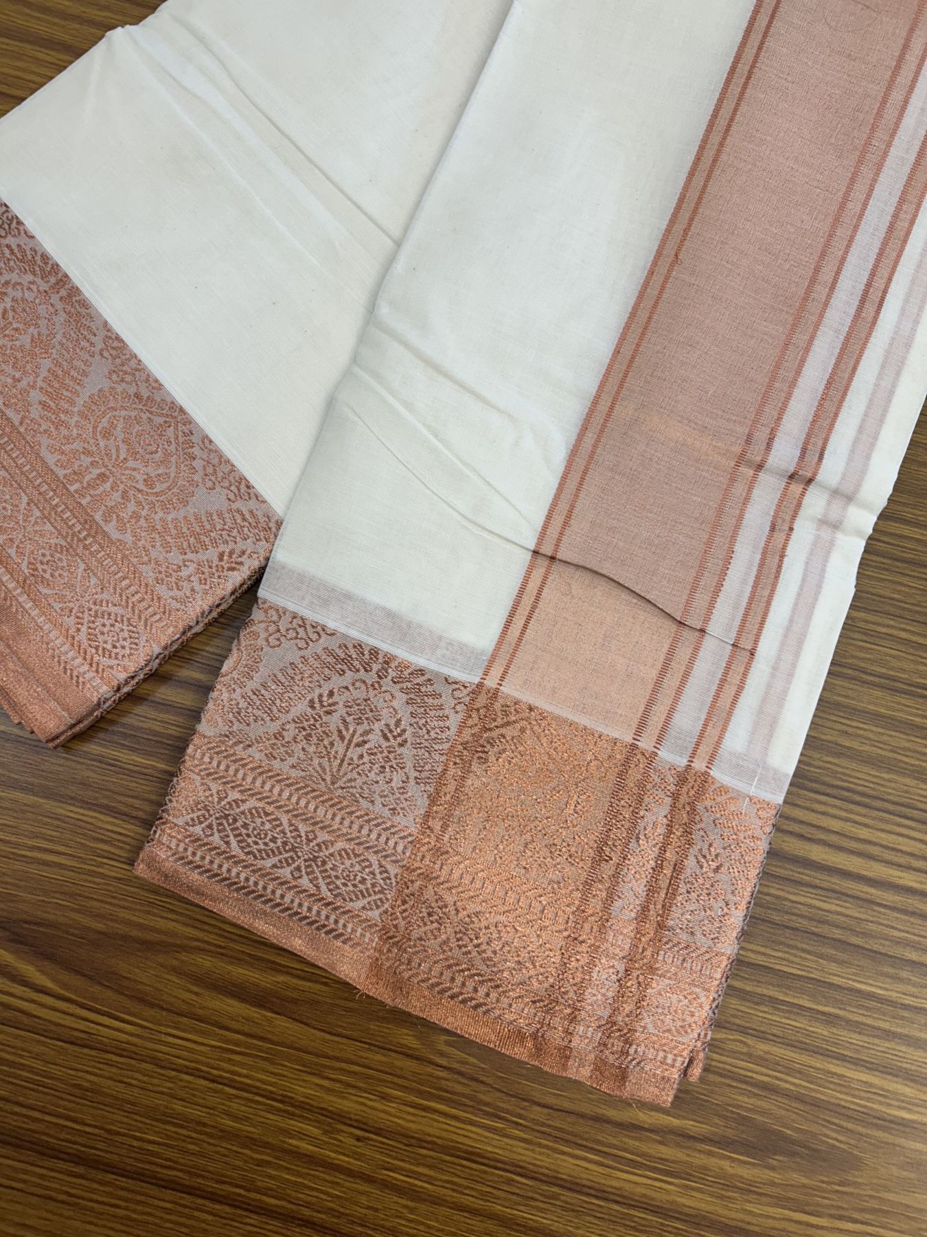 Panchakacham Dhoti - 20% Discount! Kaitharikada Balaramapuram Cotton Mix - Off White - (Unbleached) 80X90 thread - North Iindian- Attached Gamcha - 9x5 Dhoti - 4 inch Copper kasav shaded kara - 39 KK5318 PMC