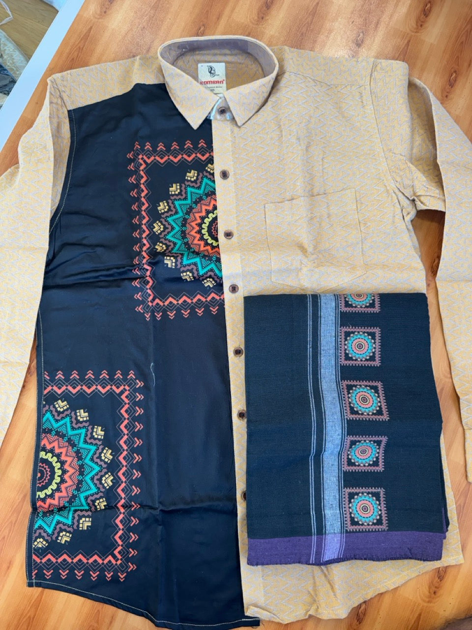 Combo Shirt Single Lungi - SIZE : L / 40 Full Sleeve - Mixed cotton - Black & Brown Violet Pattern Shirt with 3 inch White Kara &  Printed Lungi - 13 KK7053 KUT