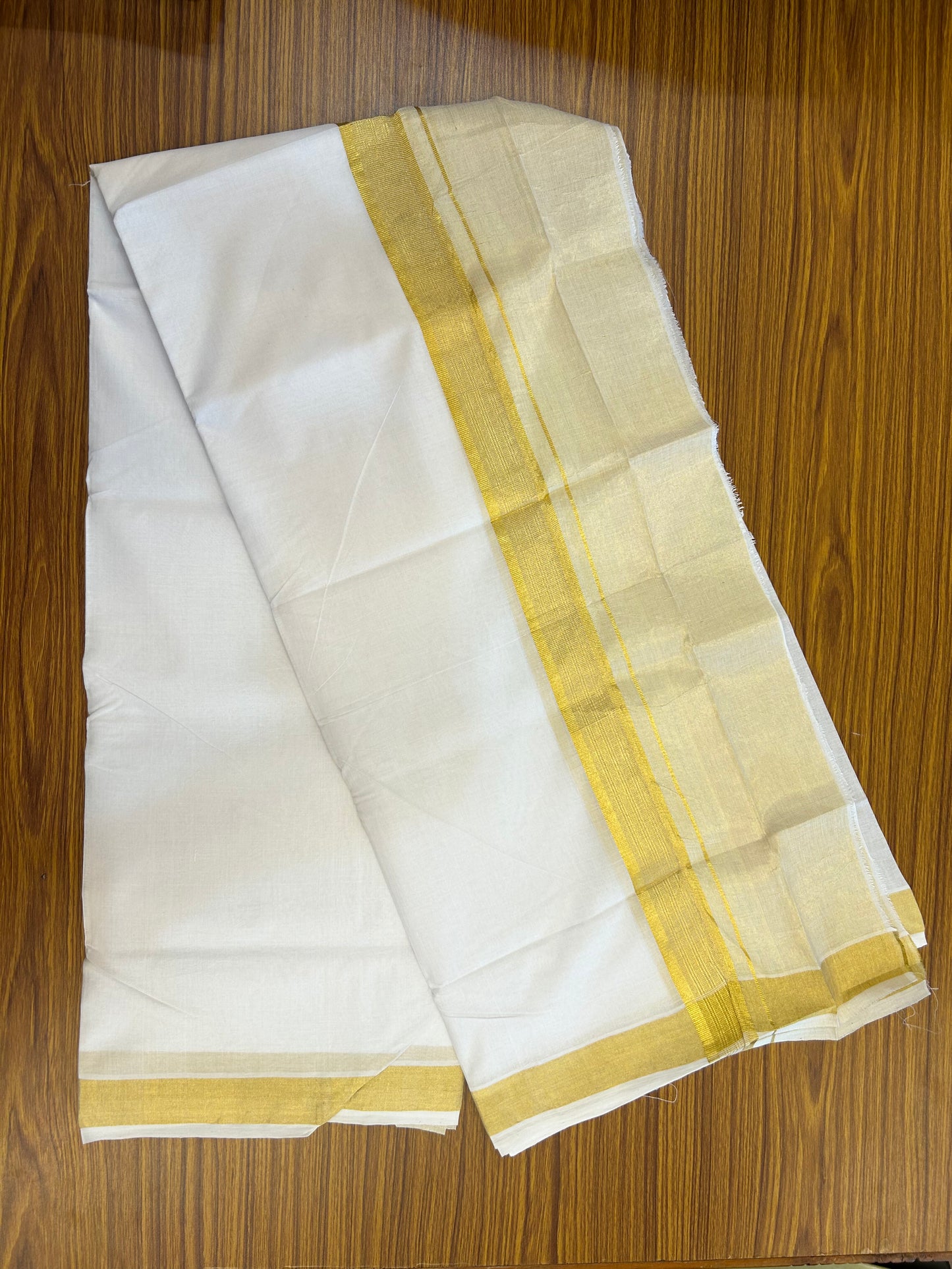 25% Discount ! KaithariKada Handloom Unakkupaav Kerala Handloom - 100% Pure Cotton Pure White Double Mundu/Dhoti - 6.5 inch Gold Kasav Half Tissue Striped Kara - 16 KK5352 ABH