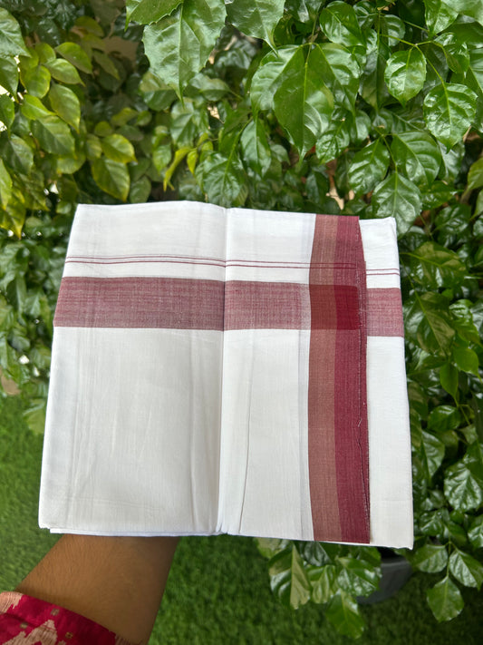 20% Discount! KaithariKada Balaramapuram 100% Cotton Double Pure white Mundu/Dhoti- 100X80 - 1.5 inch Maroon & Sandal Brown Striped kara - 4 mtr ( 8.5 muzham) - 62 KK5371 VIN