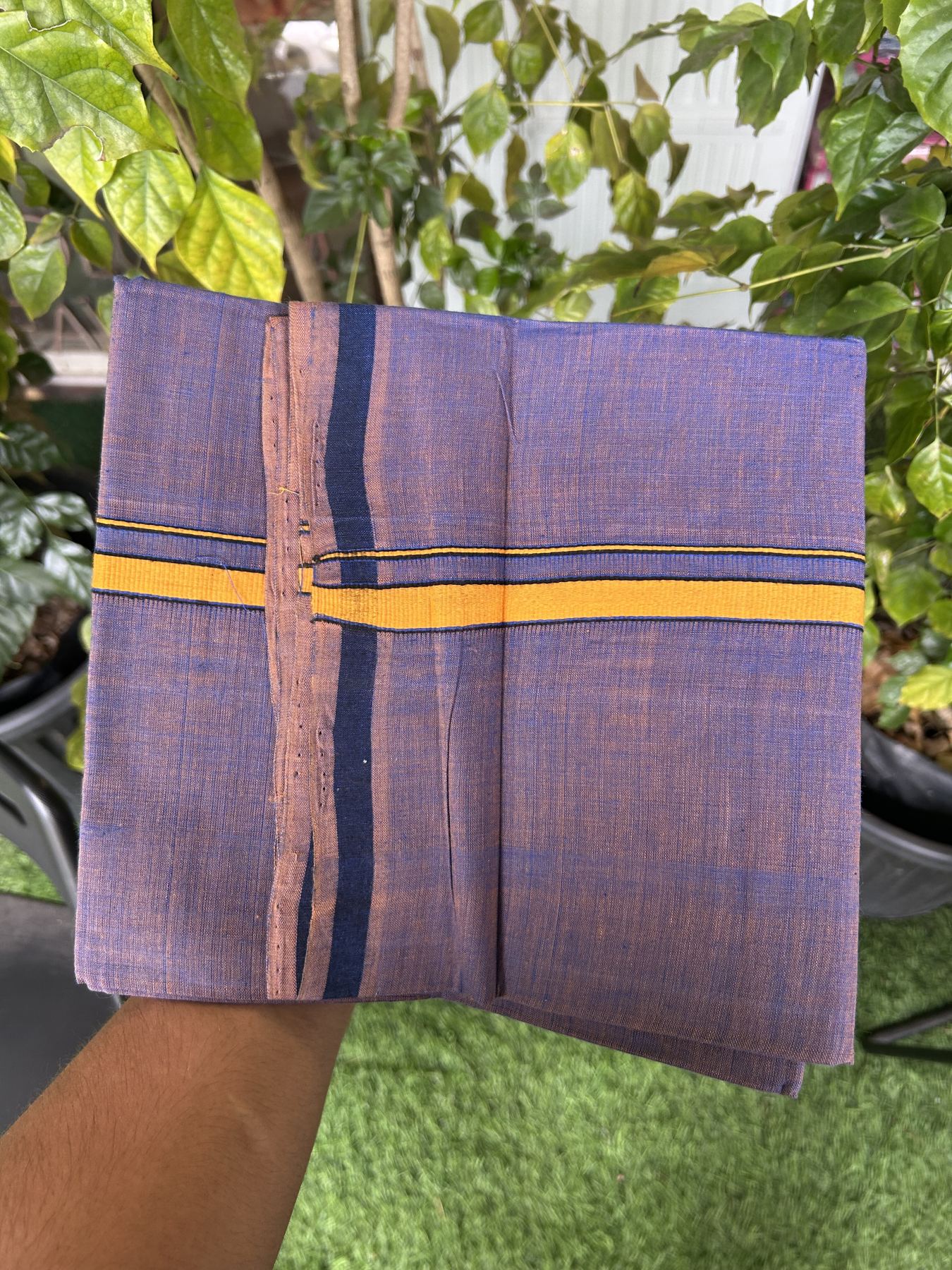 Handloom Single Hallmarked - 10% Discount !! KaithariKada 100% Pure Cotton - Mundu/Dhoti Blue Brown Shaded Body & 1 cm Orange Kara - (2 meter / 4 muzham) - 29 KK5318 ELA