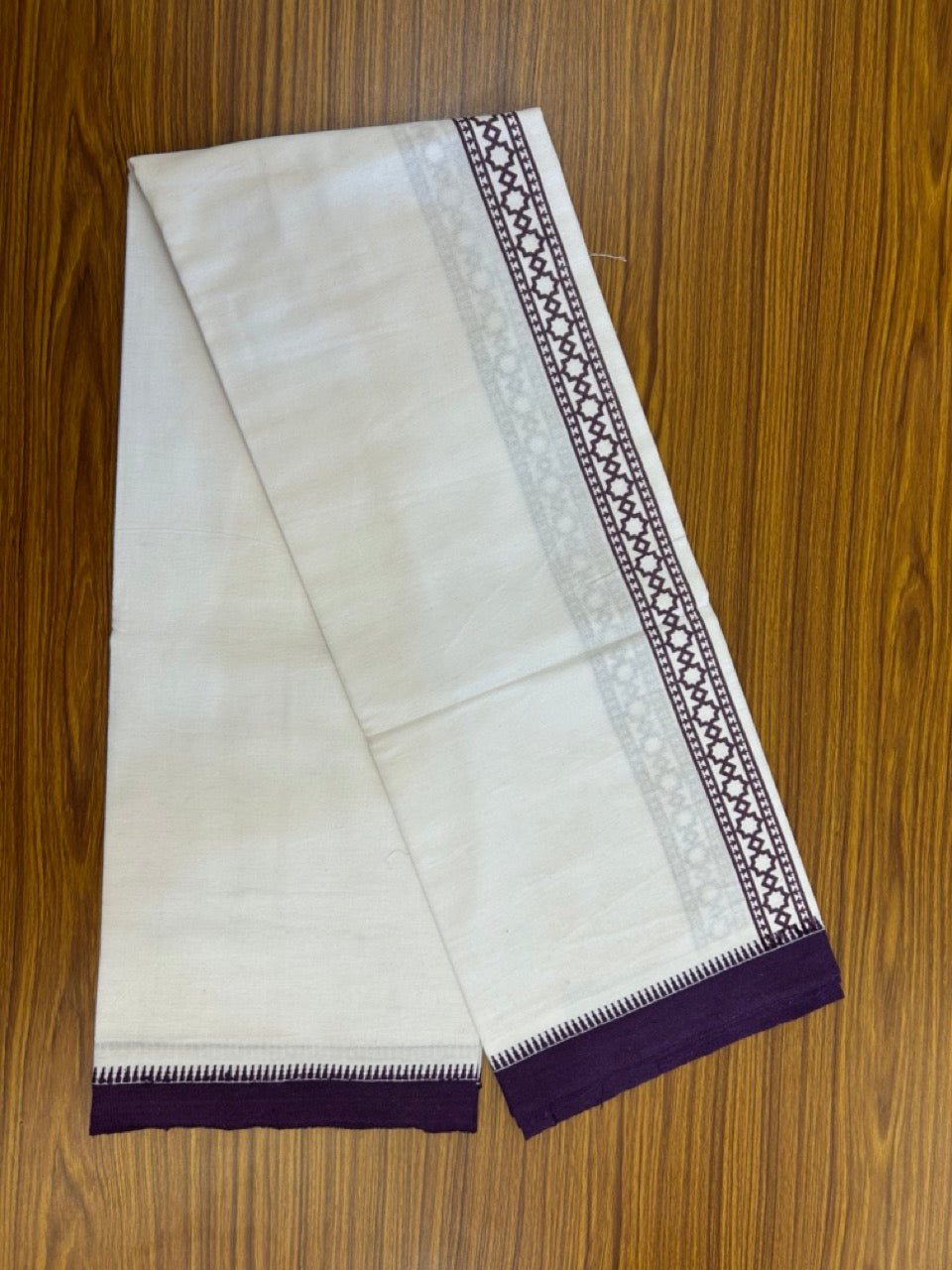 Kaitharikada - Polyster + Cotton - 20s twisted - Pure white Single Kaily / Lungi - 1.5 inch Wine Purple Printed Kuppadam Border with White colour body (2 meter / 4 muzham) -  15 KK8035 GAN