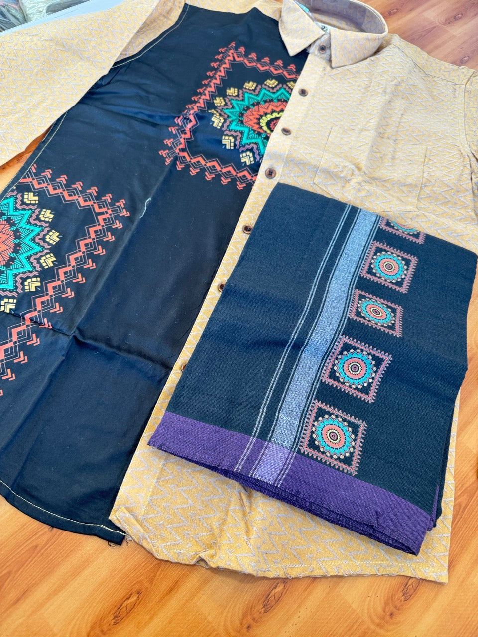 Combo Shirt Single Lungi - SIZE : L / 40 Full Sleeve - Mixed cotton - Black & Brown Violet Pattern Shirt with 3 inch White Kara &  Printed Lungi - 13 KK7053 KUT