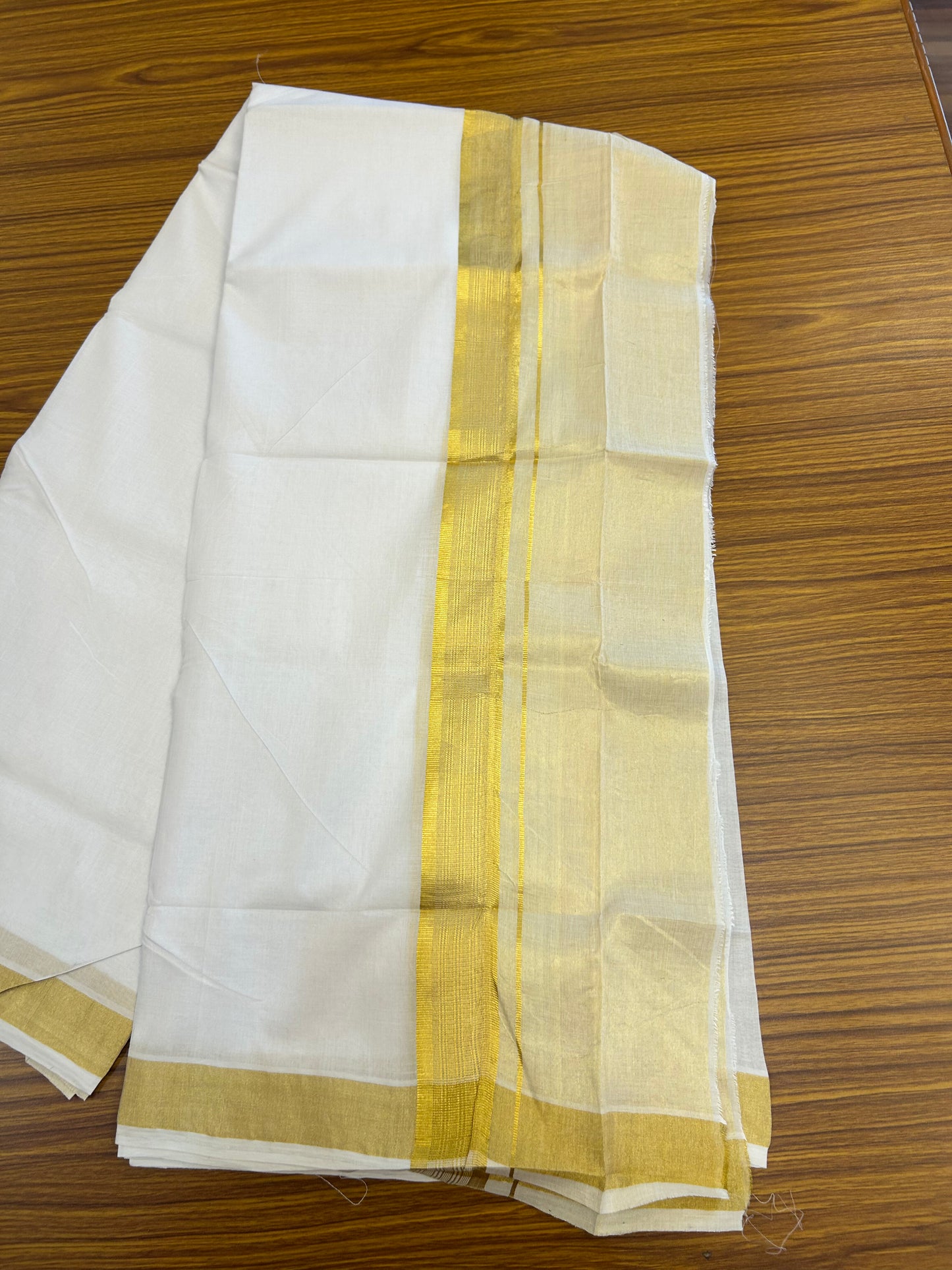 25% Discount ! KaithariKada Handloom Unakkupaav Kerala Handloom - 100% Pure Cotton Pure White Double Mundu/Dhoti - 6.5 inch Gold Kasav Half Tissue Striped Kara - 16 KK5352 ABH