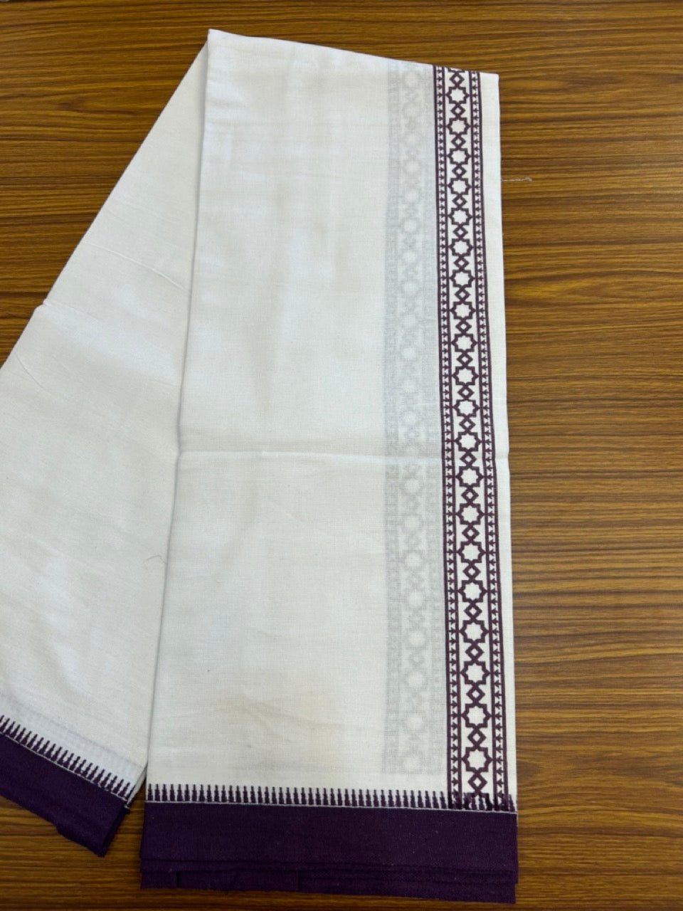 Kaitharikada - Polyster + Cotton - 20s twisted - Pure white Single Kaily / Lungi - 1.5 inch Wine Purple Printed Kuppadam Border with White colour body (2 meter / 4 muzham) -  15 KK8035 GAN