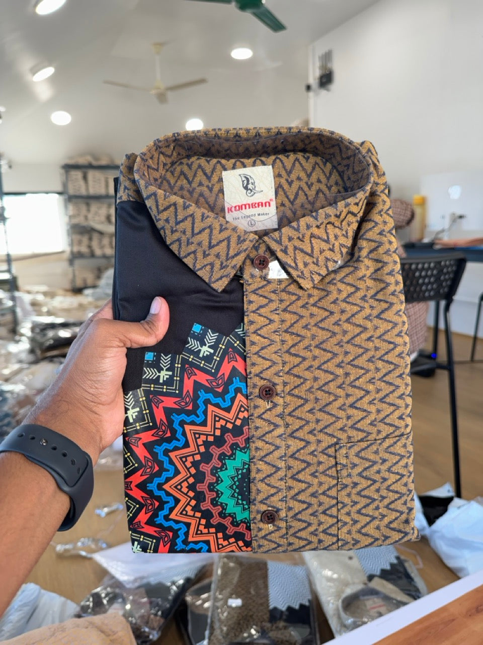 Combo Shirt Single Lungi - SIZE : L / 40 Full Sleeve - Mixed cotton - Black & Brown Black Pattern Shirt with 3 inch Violet Kara &  Printed Lungi - 14 KK7053 KUT