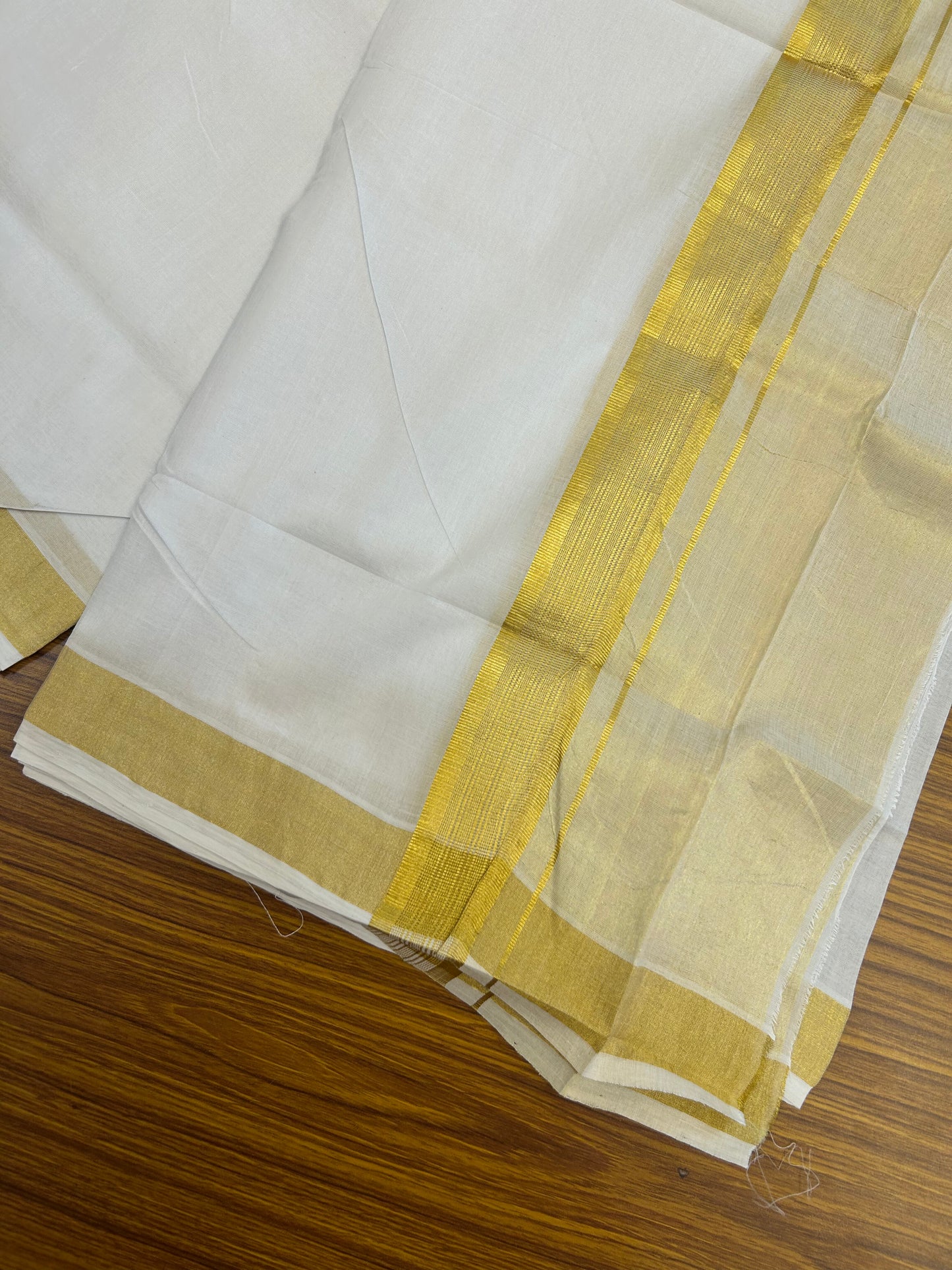 25% Discount ! KaithariKada Handloom Unakkupaav Kerala Handloom - 100% Pure Cotton Pure White Double Mundu/Dhoti - 6.5 inch Gold Kasav Half Tissue Striped Kara - 16 KK5352 ABH