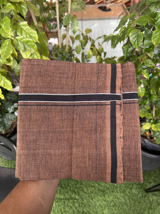 Handloom Single Hallmarked - 10% Discount ! KaithariKada 100% Pure Cotton - Mundu/Dhoti 0.5 inch Black kara with Brown colour Body - (2 meter / 4 muzham) - 24 KK5318 ELA