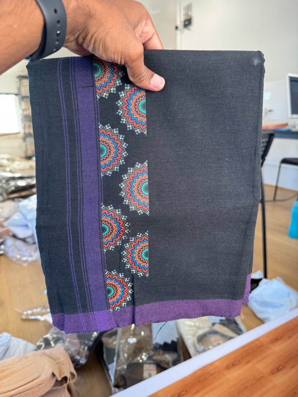 Combo Shirt Single Lungi - SIZE : L / 40 Full Sleeve - Mixed cotton - Black & Brown Black Pattern Shirt with 3 inch Violet Kara &  Printed Lungi - 14 KK7053 KUT