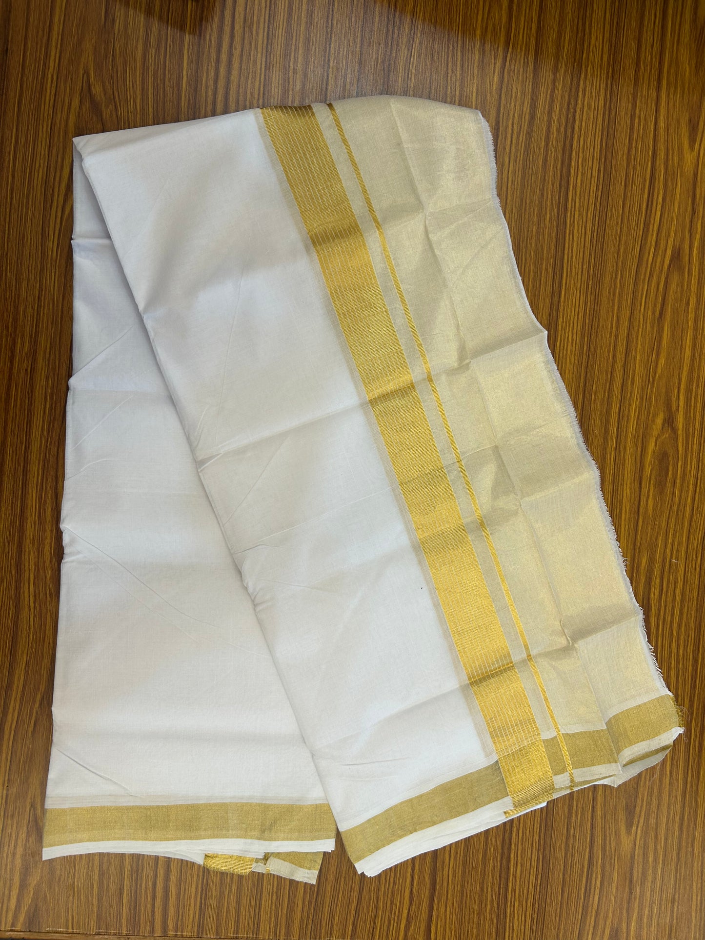 25% Discount ! KaithariKada Handloom Unakkupaav Kerala Handloom - 100% Pure Cotton Pure White Double Mundu/Dhoti - 6.5 inch Gold Kasav Half Tissue Striped Kara - 17 KK5352 ABH