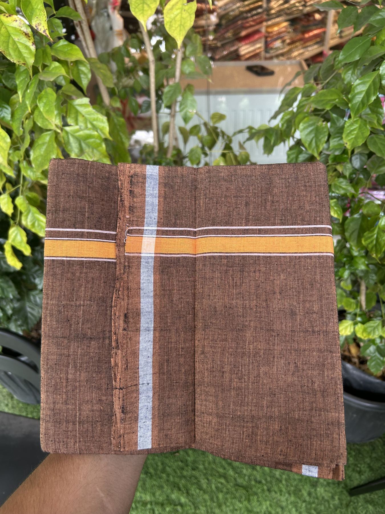 Handloom Single Hallmarked - 10% Discount ! KaithariKada 100% Pure Cotton - Mundu/Dhoti 0.5 inch Orange Shaded kara with Brown colour Body - (2 meter / 4 muzham) - 23 KK5318 ELA