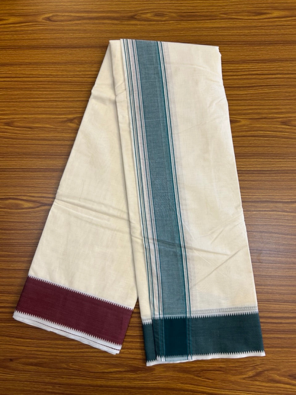 37% DISCOUNT! KaithariKada 100% Cotton Off White - (Unbleached) - Pure Cotton -100x100 thread - NORTH INDIAN - ATTACHED GAMCHA - 9X5 - Dhoti Green kara with Dark Green & Dark Brown Striped border - 3 KK5275 PMC