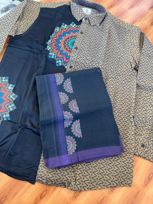 Combo Shirt Single Lungi - SIZE : L / 40 Full Sleeve - Mixed cotton - Black & Brown Black Pattern Shirt with 3 inch Violet Kara &  Printed Lungi - 14 KK7053 KUT