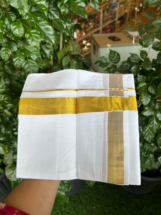 20% Discount! Kaitharikada Balaramapuram 100% Cotton Pure White Double Mundu/Dothi  - 100x100- 1.5 Inch Gold Kasav Kara - 49 KK5371 GAN