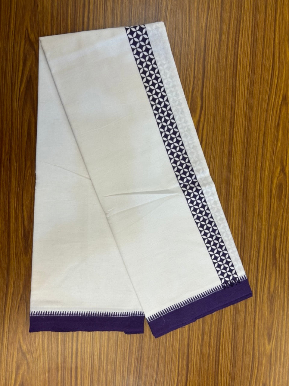 Kaitharikada - Polyster + Cotton - 20s twisted - Pure white Single Kaily / Lungi - 1.5 inch Violet Printed Kuppadam Border with White colour body (2 meter / 4 muzham) -  14 KK8035 GAN