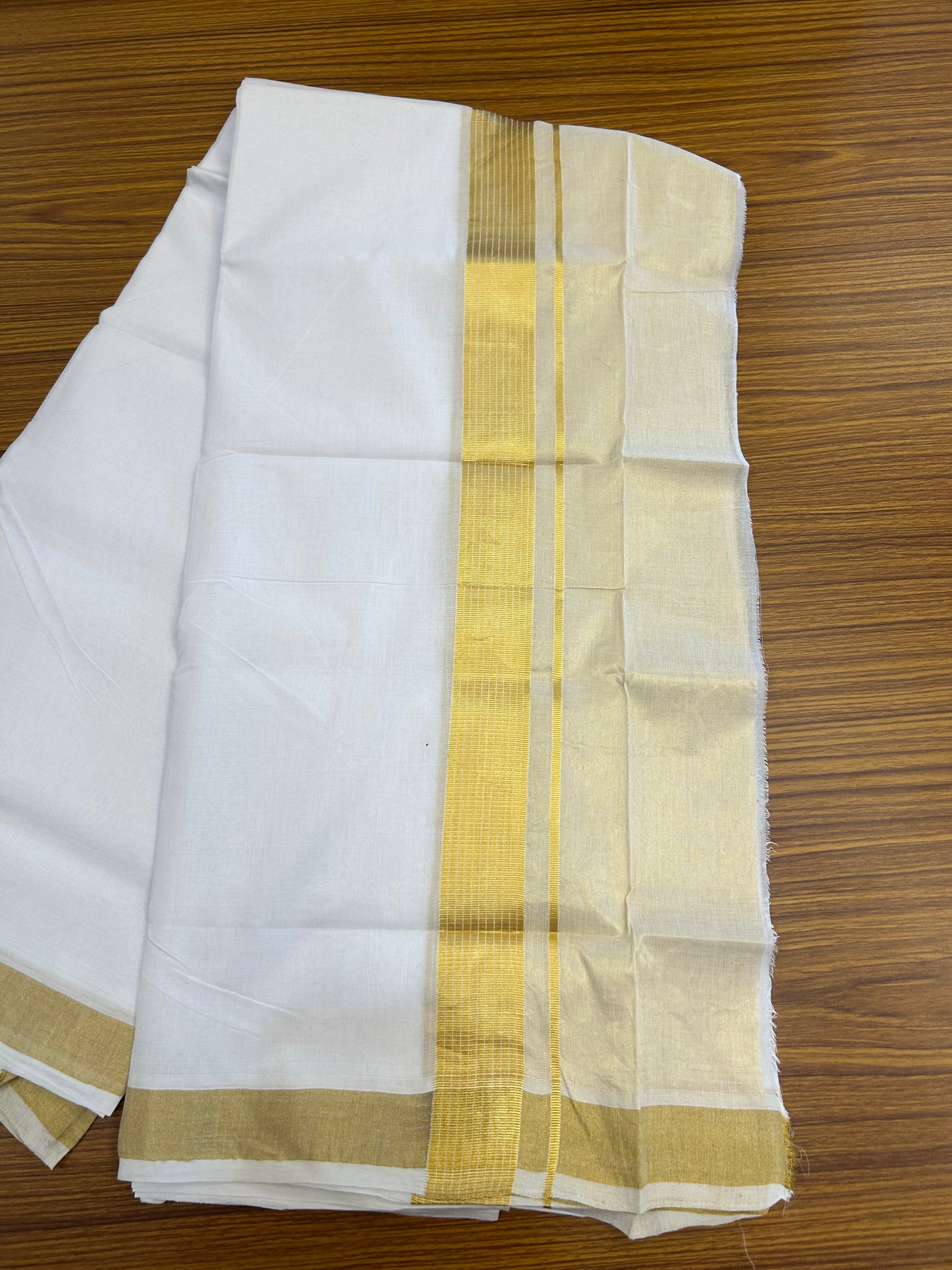 25% Discount ! KaithariKada Handloom Unakkupaav Kerala Handloom - 100% Pure Cotton Pure White Double Mundu/Dhoti - 6.5 inch Gold Kasav Half Tissue Striped Kara - 17 KK5352 ABH