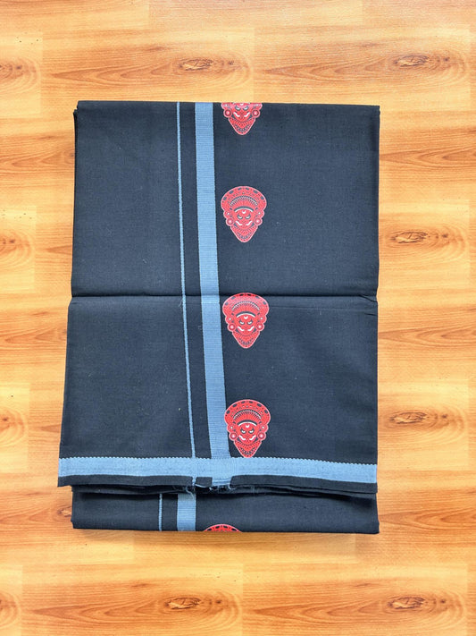 Single Kaily / Lungi- 20% Discount !! Kaitharikada - Pure Cotton - (40s) - 0.5 inch Ash Grey Theyyam Printed Design Kara with Black colour Body (2 meter / 4 muzham) - 6 KK8062 GAN