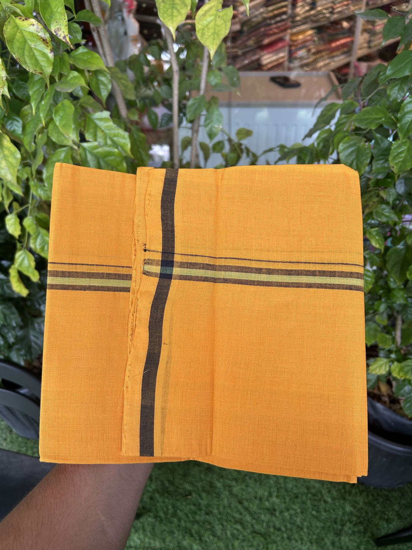 Handloom Single Hallmarked - 10% Discount !! KaithariKada 100% Pure Cotton - Mundu/Dhoti 2 cm Black Green Kara with Light Orange colour Body - (2 meter / 4 muzham) - 28 KK5318 ELA