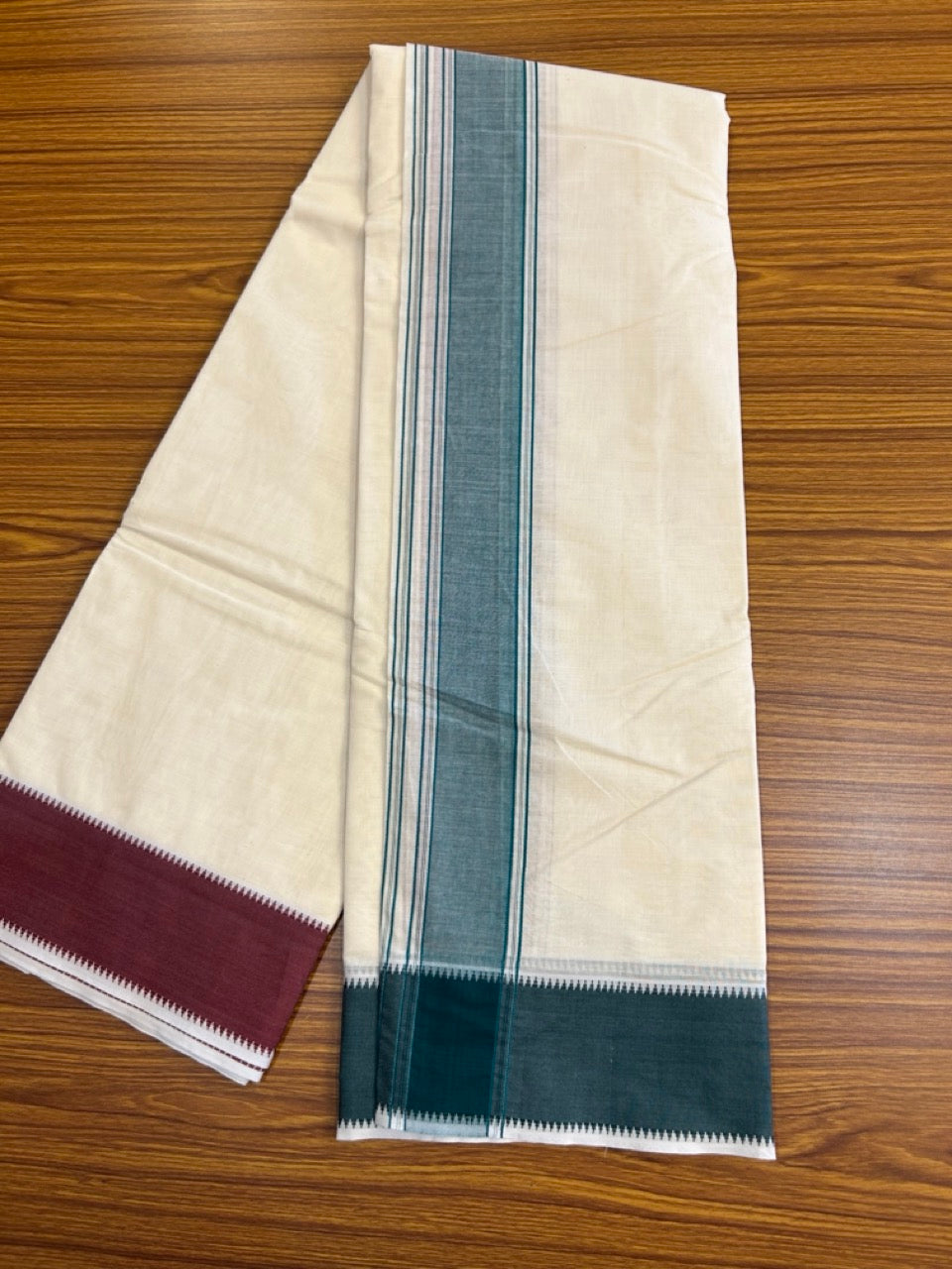 37% DISCOUNT! KaithariKada 100% Cotton Off White - (Unbleached) - Pure Cotton -100x100 thread - NORTH INDIAN - ATTACHED GAMCHA - 9X5 - Dhoti Green kara with Dark Green & Dark Brown Striped border - 3 KK5275 PMC