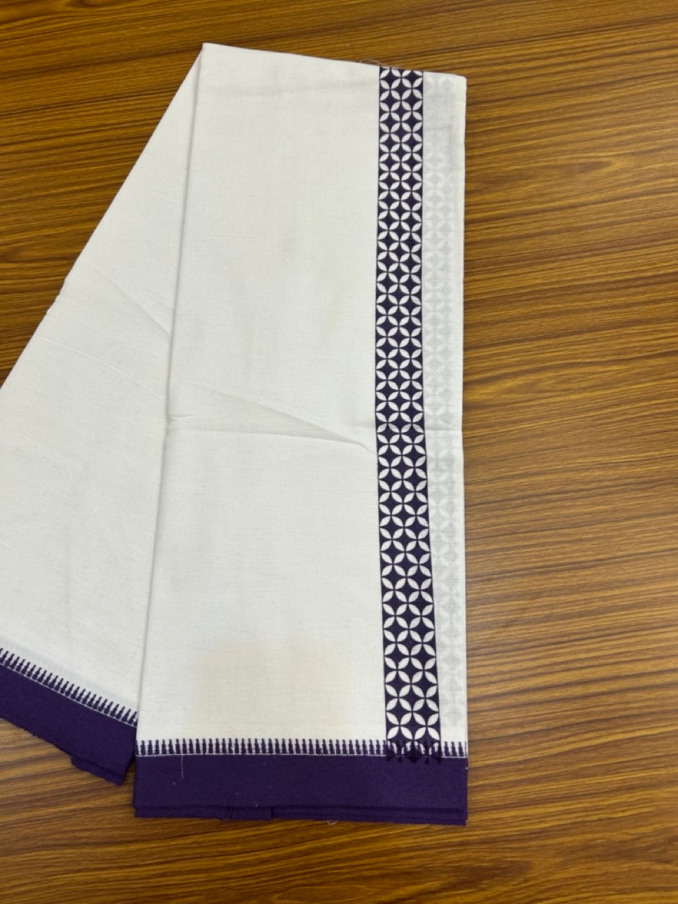 Kaitharikada - Polyster + Cotton - 20s twisted - Pure white Single Kaily / Lungi - 1.5 inch Violet Printed Kuppadam Border with White colour body (2 meter / 4 muzham) -  14 KK8035 GAN