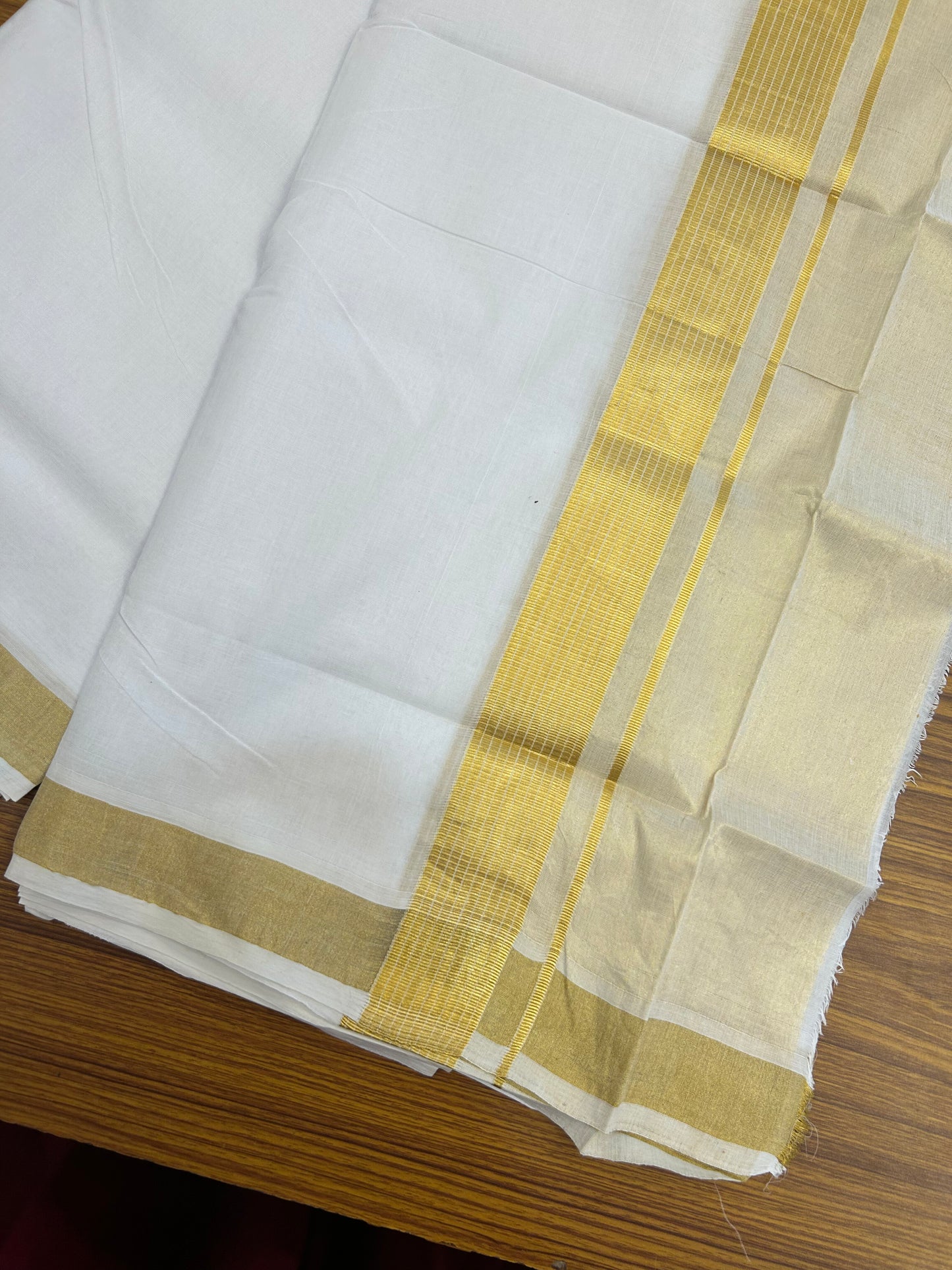 25% Discount ! KaithariKada Handloom Unakkupaav Kerala Handloom - 100% Pure Cotton Pure White Double Mundu/Dhoti - 6.5 inch Gold Kasav Half Tissue Striped Kara - 17 KK5352 ABH
