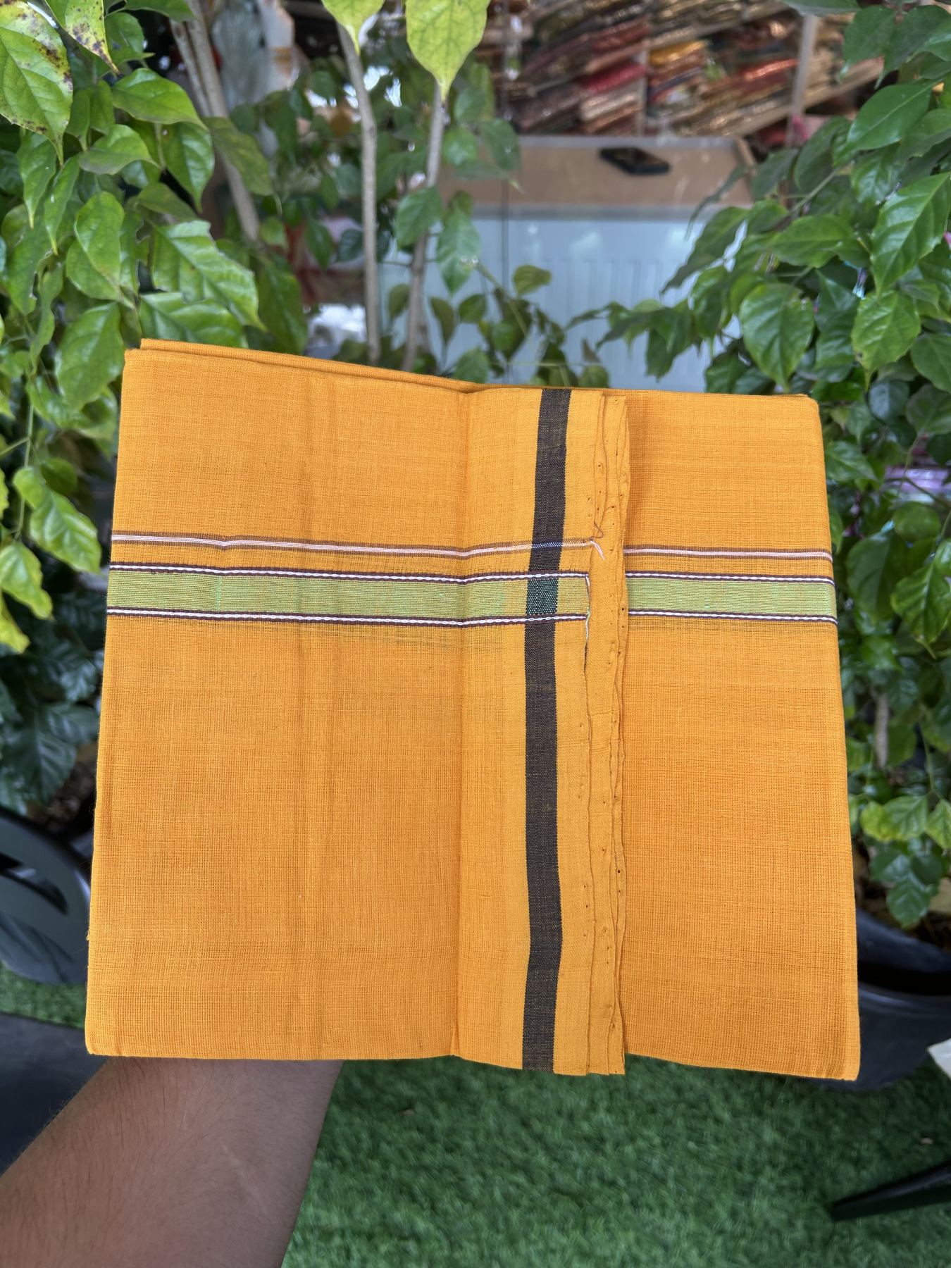 Handloom Single Hallmarked - 10% Discount !! KaithariKada 100% Pure Cotton - Mundu/Dhoti 2 cm Brown Green Kara with Light Orange colour Body - (2 meter / 4 muzham) - 27  KK5318 ELA