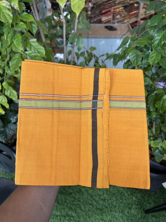 Handloom Single Hallmarked - 10% Discount !! KaithariKada 100% Pure Cotton - Mundu/Dhoti 2 cm Brown Green Kara with Light Orange colour Body - (2 meter / 4 muzham) - 27  KK5318 ELA