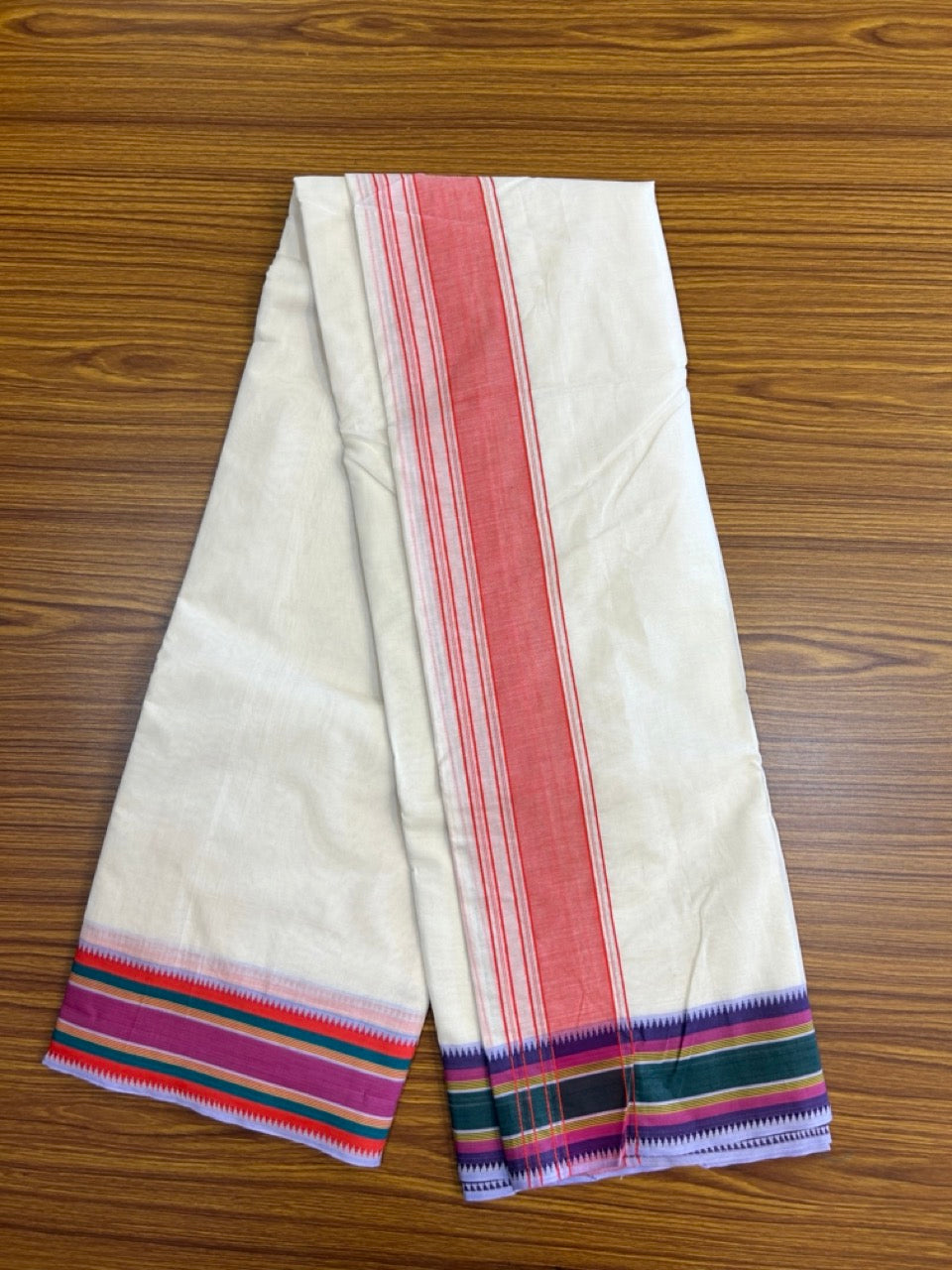 37% DISCOUNT! KaithariKada 100% Cotton Off White - (Unbleached) - Pure Cotton -100x100 thread - NORTH INDIAN - ATTACHED GAMCHA - 9X5 - Dhoti Red Pink kara with Pink ,Yellow, Lavander , Green & Brown Striped border - 2 KK5275 PMC