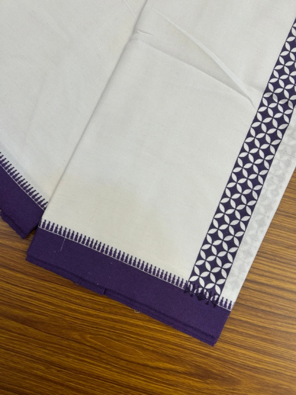 Kaitharikada - Polyster + Cotton - 20s twisted - Pure white Single Kaily / Lungi - 1.5 inch Violet Printed Kuppadam Border with White colour body (2 meter / 4 muzham) -  14 KK8035 GAN