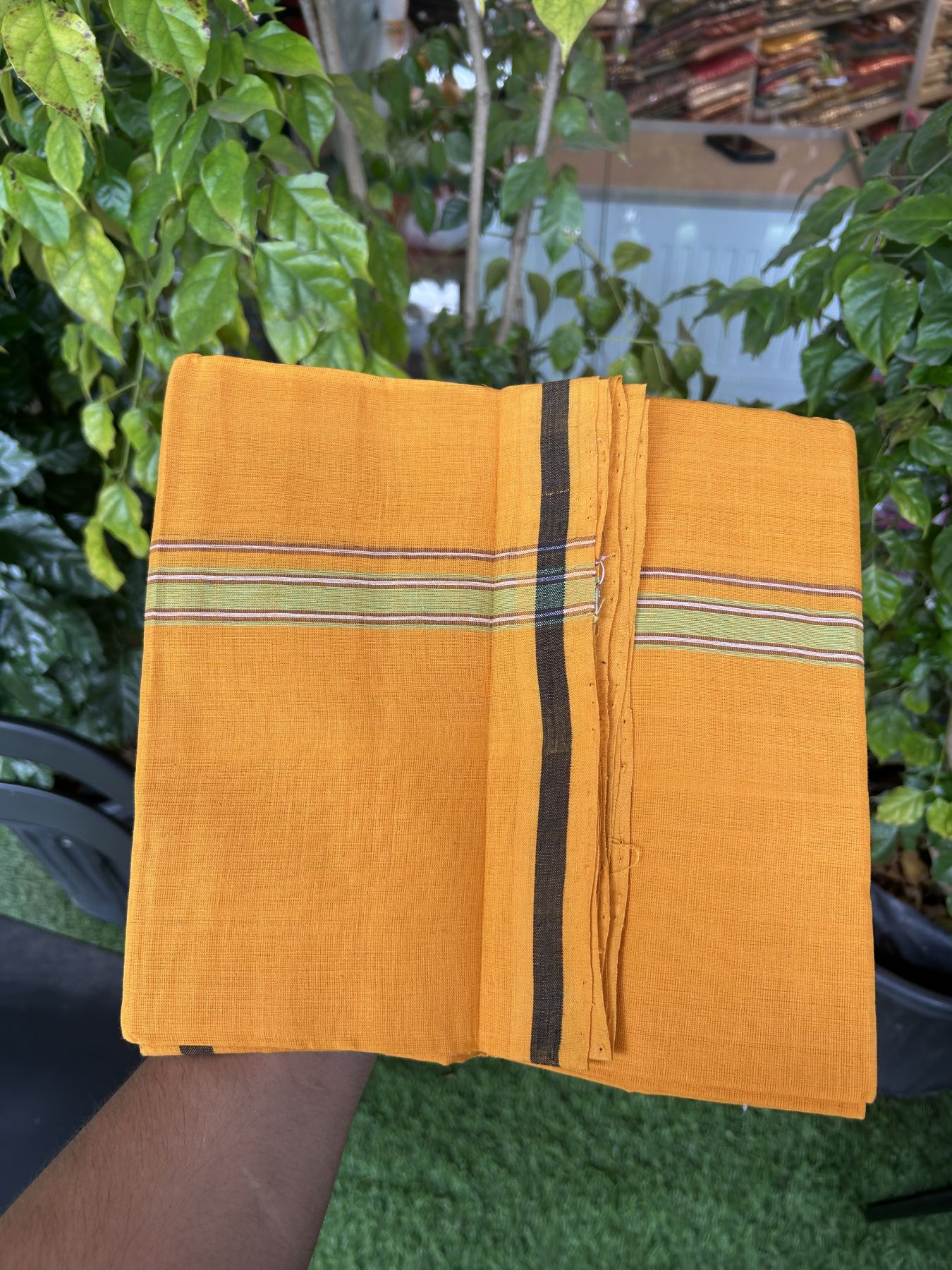 Handloom Single Hallmarked - 10% Discount !! KaithariKada 100% Pure Cotton - Mundu/Dhoti 2 cm Brown Green Kara with Light Orange colour Body - (2 meter / 4 muzham) - 26  KK5318 ELA