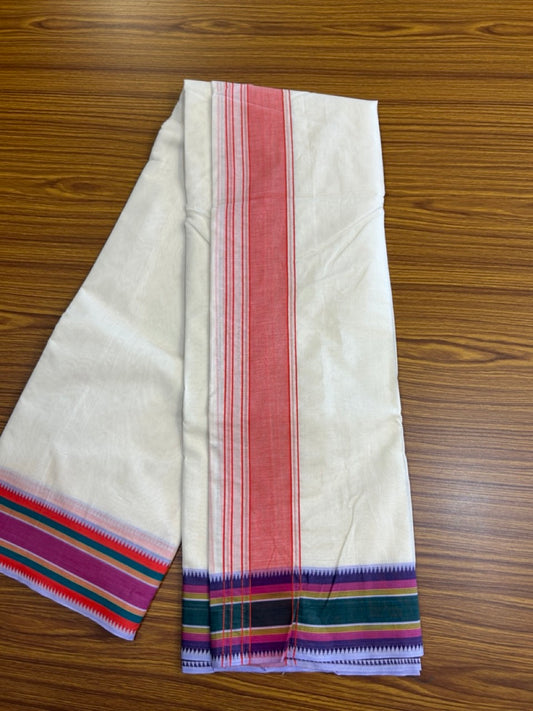 37% DISCOUNT! KaithariKada 100% Cotton Off White - (Unbleached) - Pure Cotton -100x100 thread - NORTH INDIAN - ATTACHED GAMCHA - 9X5 - Dhoti Red Pink kara with Pink ,Yellow, Lavander , Green & Brown Striped border - 2 KK5275 PMC