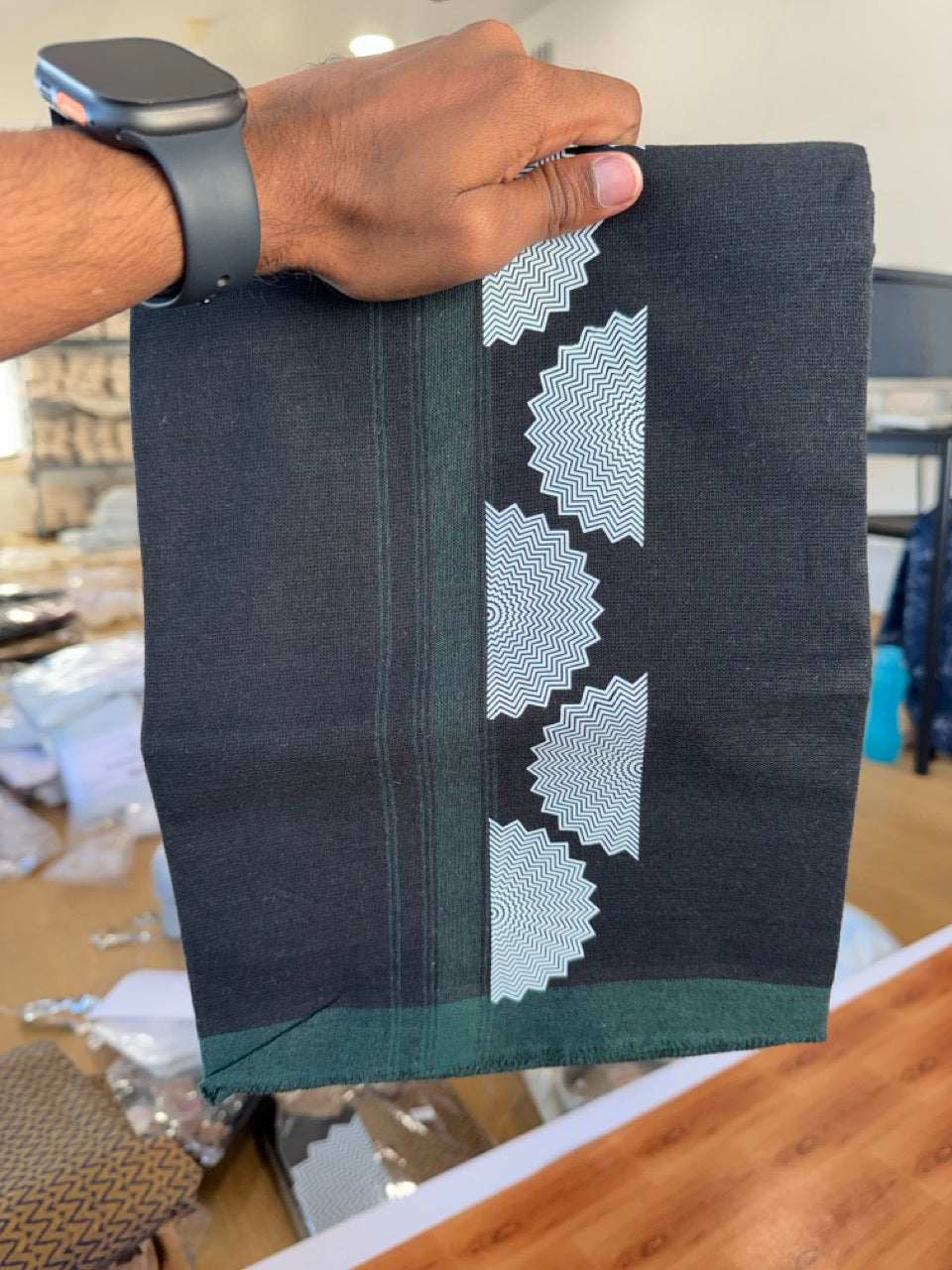 Combo Shirt Single Lungi - SIZE : L / 40 Full Sleeve - Mixed cotton - Black & Brown Black Pattern Shirt with 3 inch Green Kara & Printed Lungi - 15 KK7053 KUT