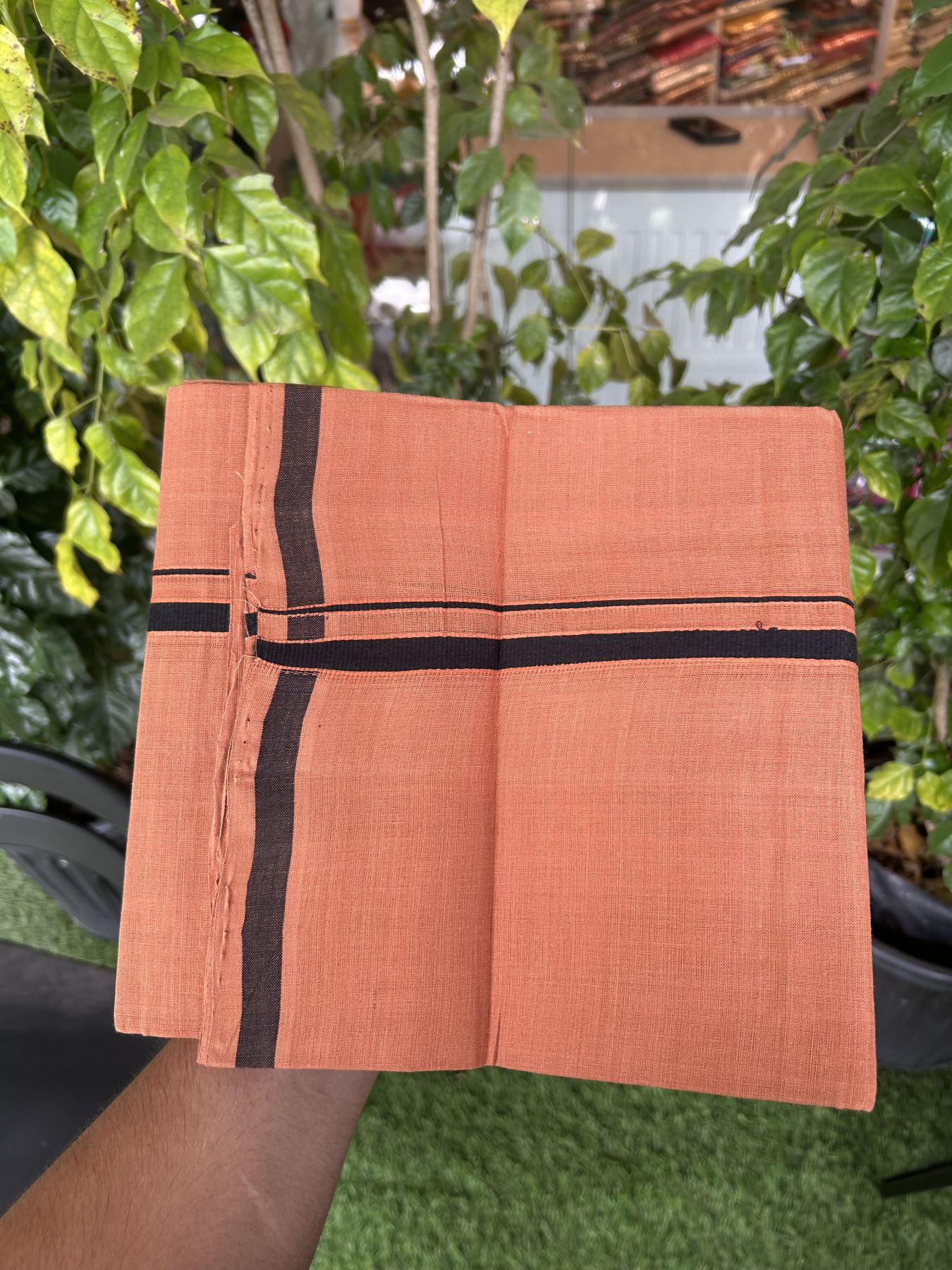 Handloom Single Hallmarked - 10% Discount ! KaithariKada 100% Pure Cotton - Mundu/Dhoti 0.5 inch Black & Brown Kara with Kavi colour Body - (2 meter / 4 muzham) - 25 KK5318 ELA