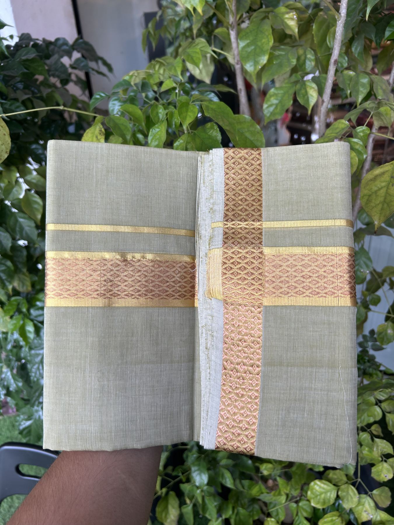 25% Discount! KaithariKada Handloom Unakkupaav Balaramapuram - 100% Cotton Double Mundu/Dhoti - Light Sage Green Colour Body - 1.5 inch Copper Gold Kasavu Jacquard Design Kara - 39 KK5318 ABH